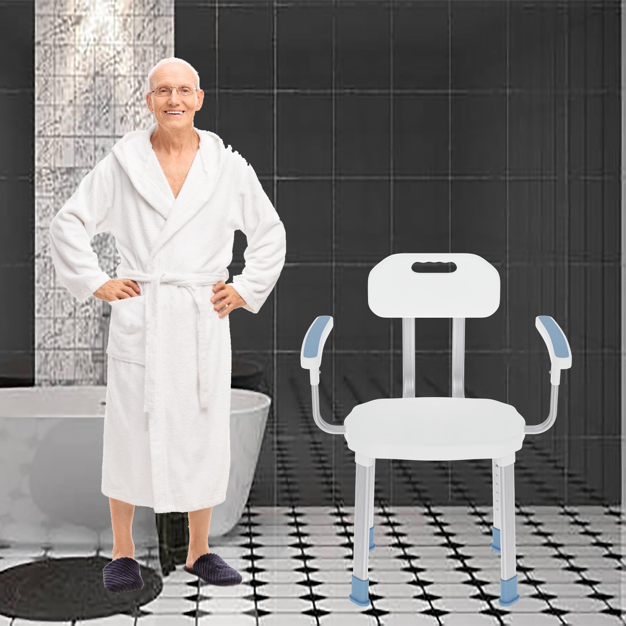 Aufun Silla de Ducha con Respaldo y reposabrazos,Antideslizante,Taburete de Ducha Regulable en Altura,Silla de Ducha para Mayores- Tipo C,Blanco,CST-3066