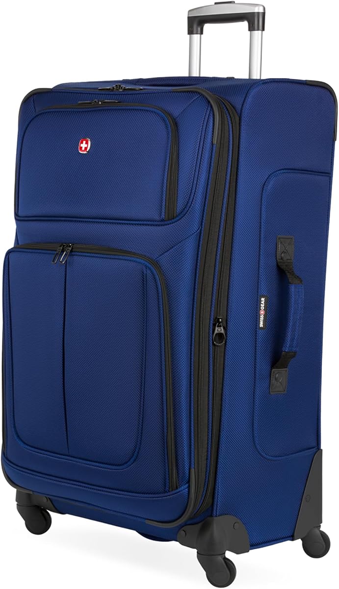 Sion Softside Expandable Spinner Luggage Durable Lightweight Travel Suitcase, Blue, Checked-Large