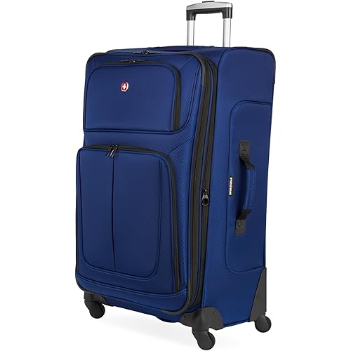 SwissGear Sion Softside Expandable Luggage – Large Checked Suitcase with 360 Degree Wheels & Retractable Handle – 29 Inch, Perfect for 7-9 Night Trips – Blue