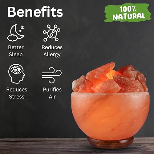 Miniatura 2 de Lámpara de sal natural del Himalaya hecha a mano con trozos de cristal, cable de atenuación y base de madera clásica, ayuda a mejorar tu estado de