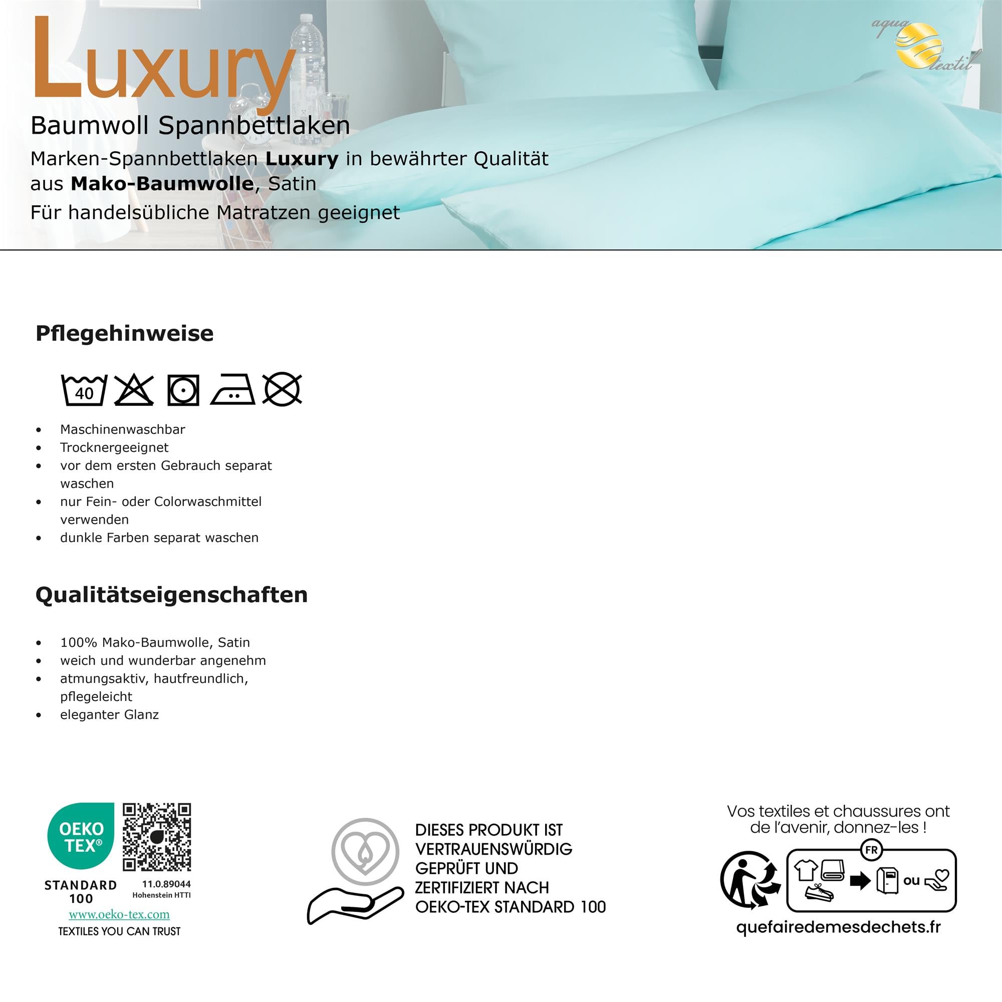 aqua-textil Luxury Bettwäsche zum Kombinieren 180 x 200 cm Spannbettlaken Silber Baumwolle Mako Satin Bettlaken