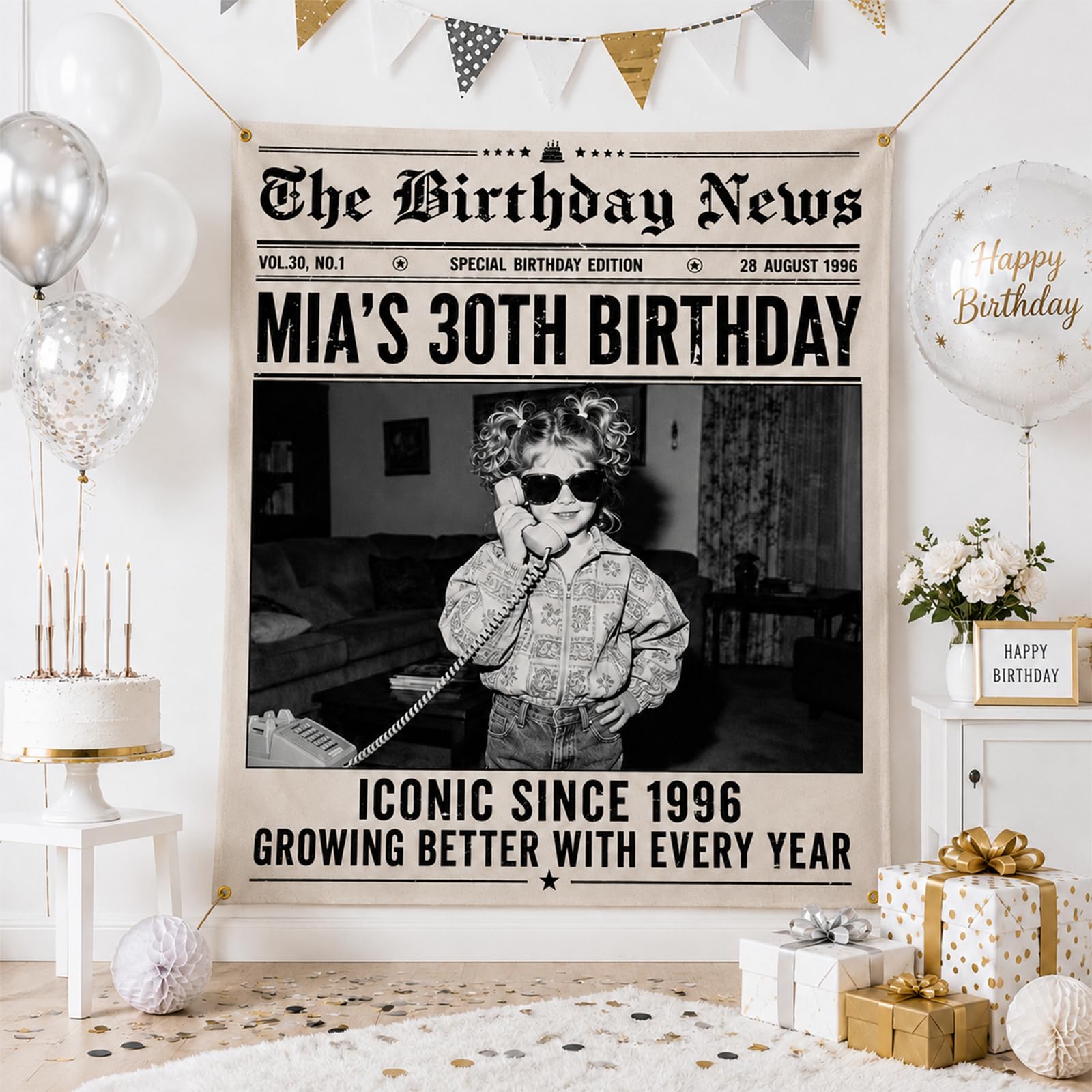 VJY Personalised Happy Birthday Banner, Custom Birthday Banner with Photo