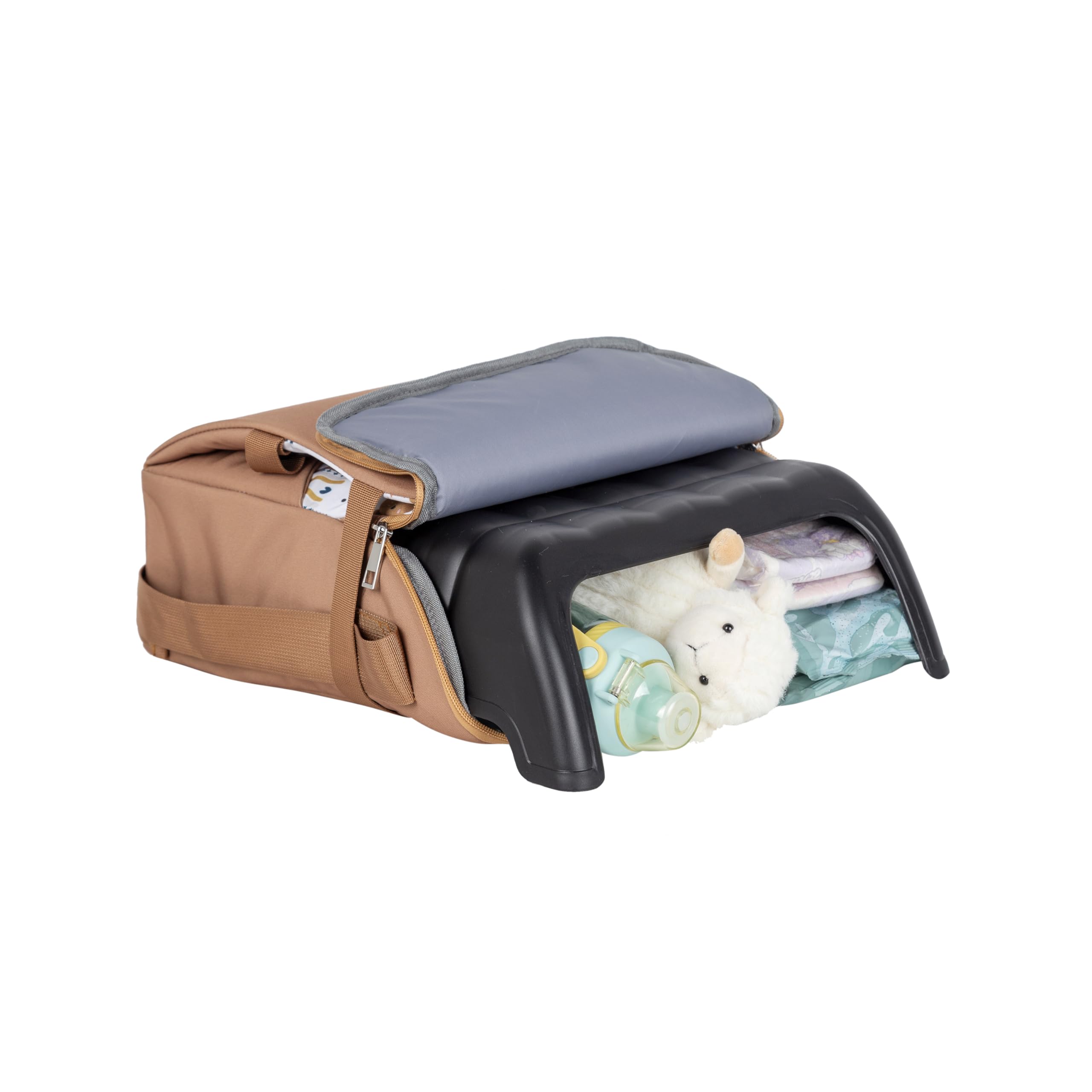 TINÉO - Réhausseur Nomade - Adaptable A Toutes Les Chaises - Ultra Compact - Transportable - Harnais De Sécurité - Rangement Compartimenté Et Fermé dans L'Assise (Camel Ourson)