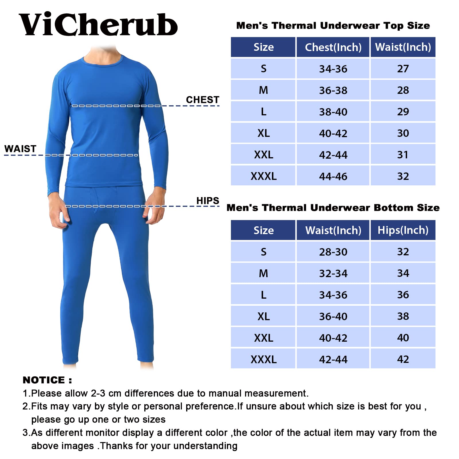 ViCherub Sous-vêtements thermiques pour homme avec doublure en polaire - Couche de base pour temps froid - Haut et bas