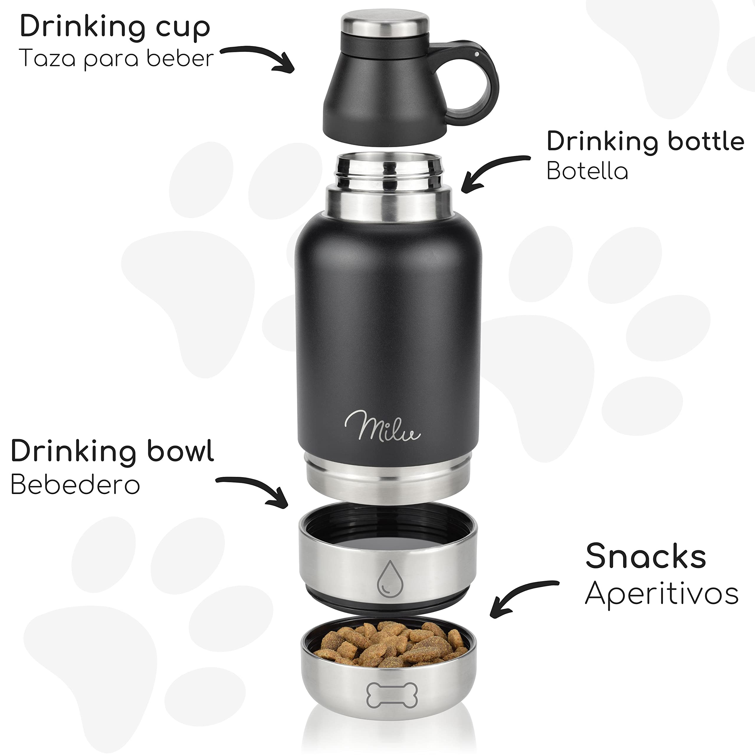 Milu Drinking Bottle Dogs On The Go 950ml - Botella de Agua con Cuenco de Comida, Botella aislada de Acero Inoxidable para Perros, Botella con contenedor de Comida, Perro, Senderismo, Viajes, Paseos