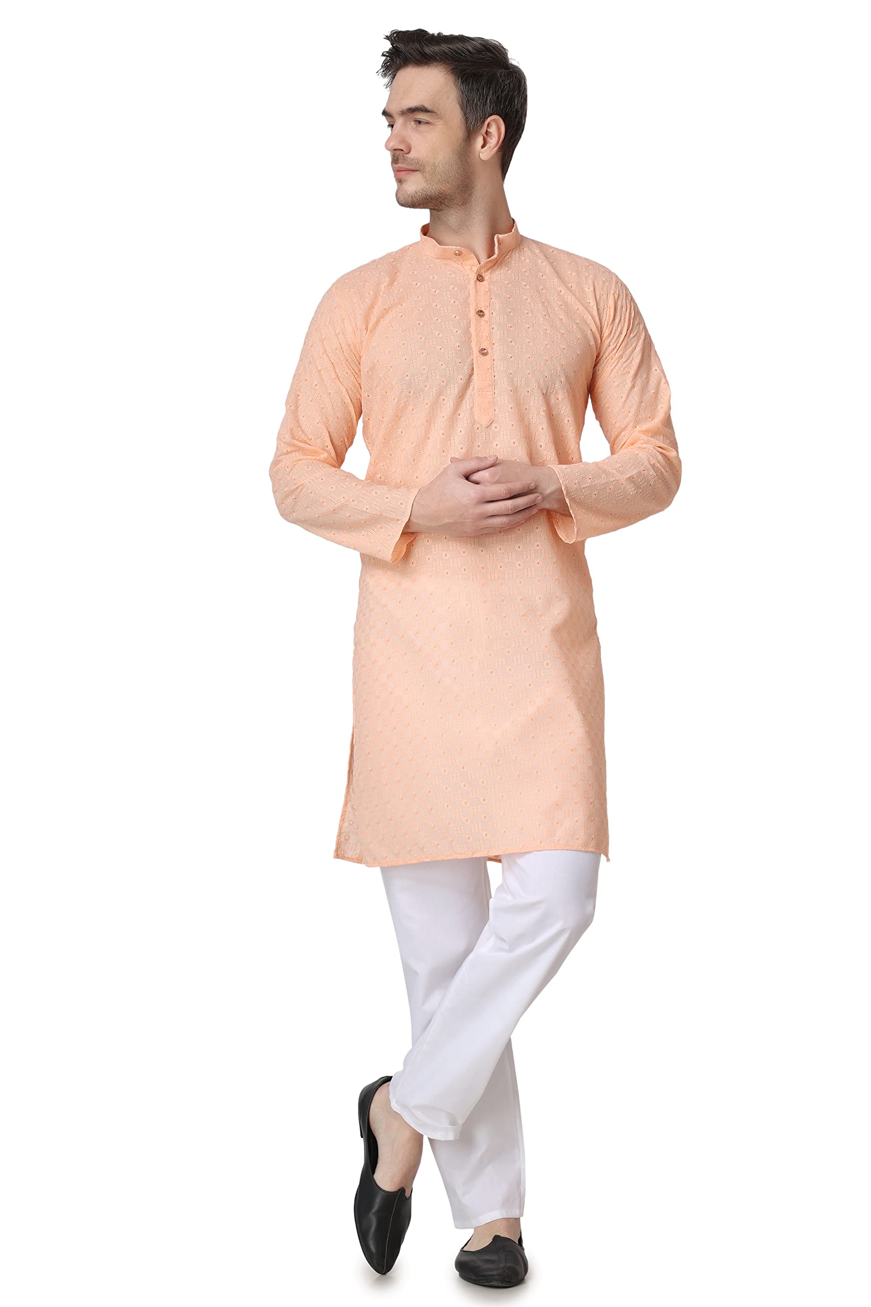 royal kurta Men's Cotton Lucknowi Chikan Kurta Pyjama Set ()-picture-43