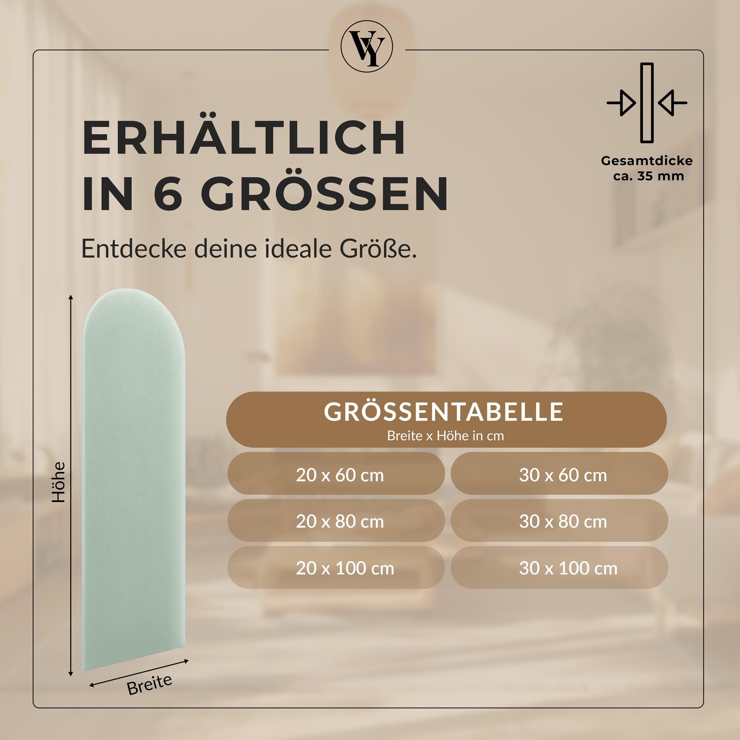 Wandpolster Polsterplatte Rundbogen – Samt, Wandkissen 20 x 80 cm, Polsterpaneel, Oeko-TEX, Made in EU, Mintgrün M05