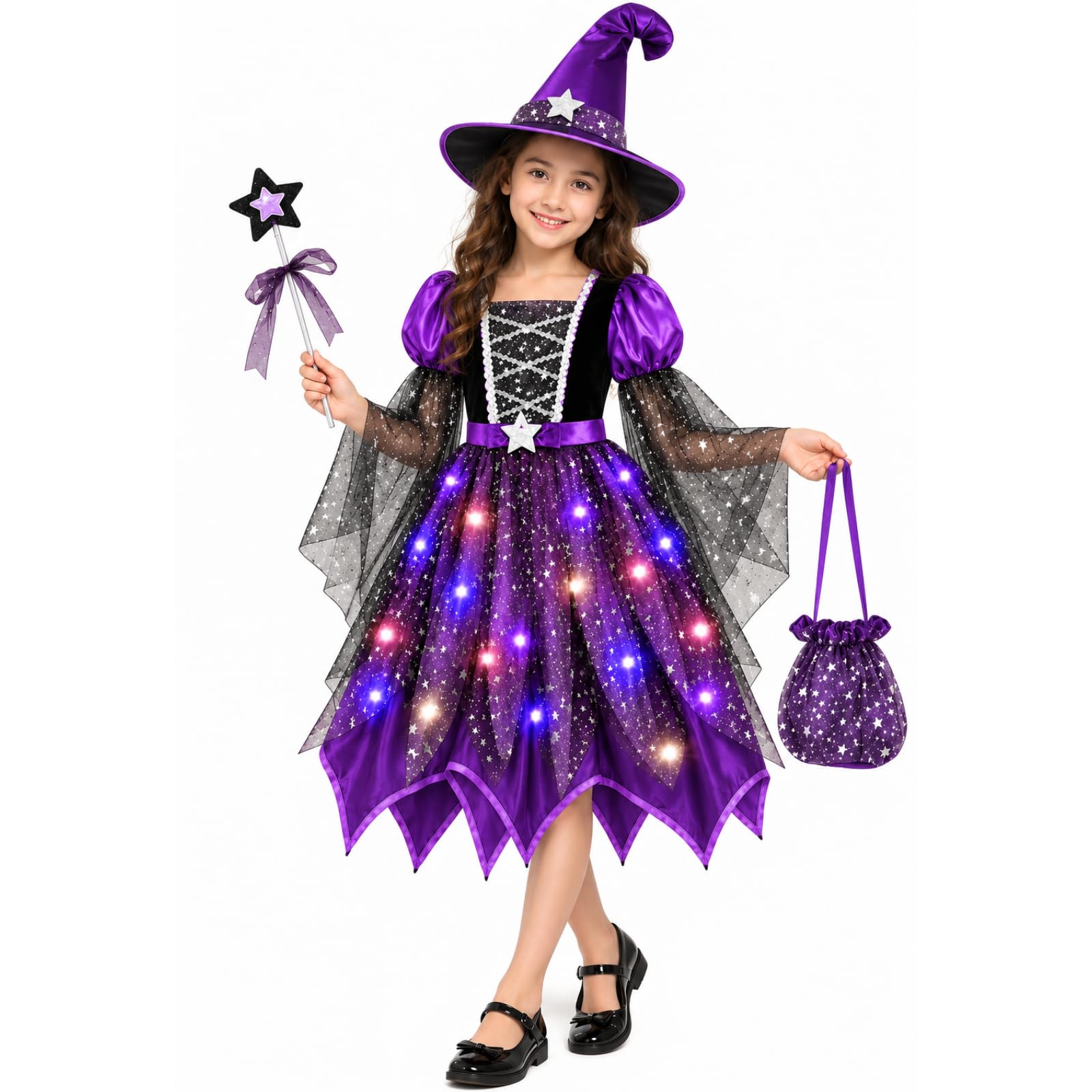 Girls Witch Costume Set Kids Halloween Cosplay Party Dress Up Toddler Fancy Dress Birthday Cotton Outfits with Hat, Magics Wand and Candy Bag
