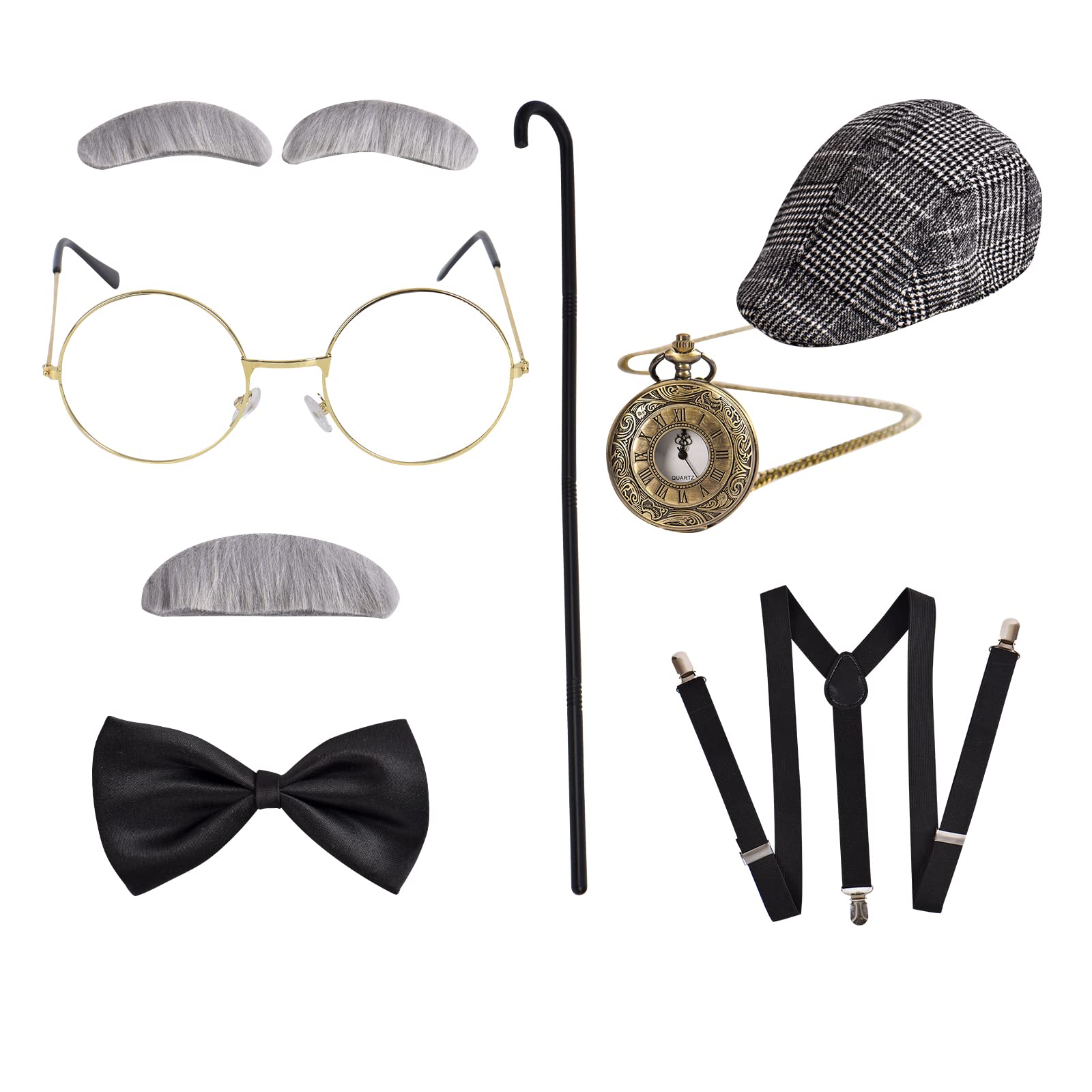 Old Man Costume for Kids 100 Day of School Dress Up, Grandpa Cosplay set Senior Role Play Costume Accessories, Roaring 20s Costumes for Men Boys Students