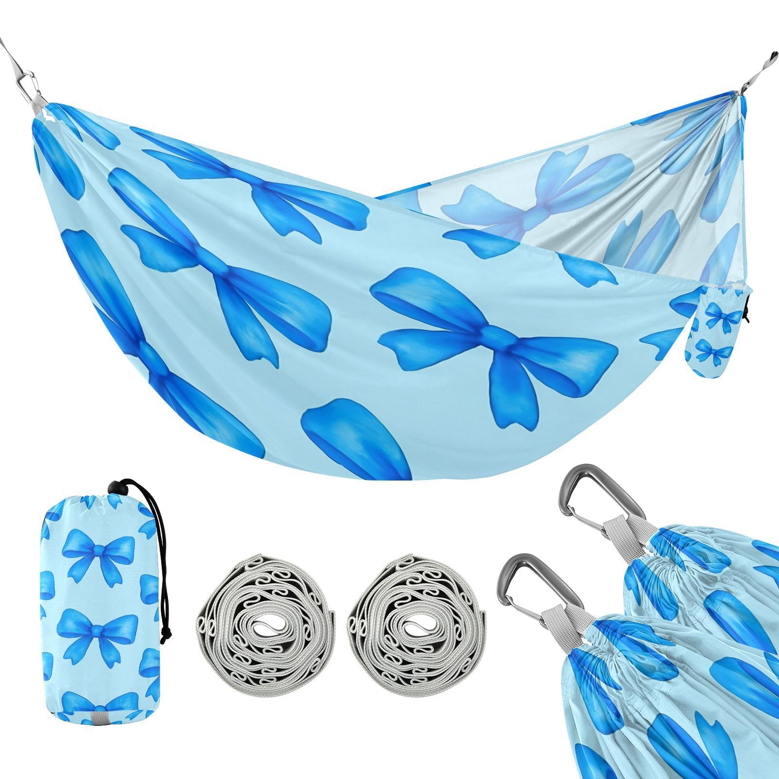 ATTX Blue Bows Camping Hammock - Lightweight & Portable Hammocks, Heavy Duty 330lbs Capacity for Indoor, Hiking, Backpacking, Travel, Backyard, Beach#147