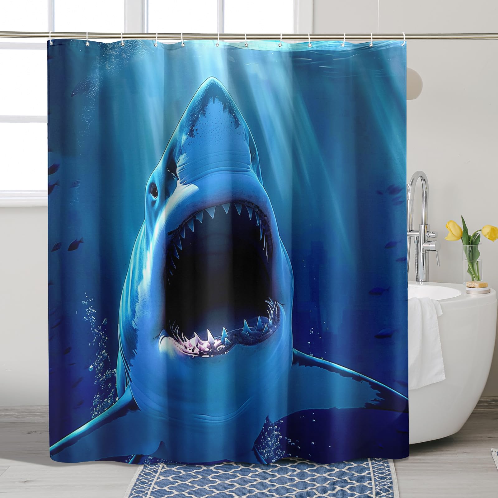 Shark Shower Curtain, Ocean Blue Wild Great White Shark Shower Curtain for Bathroom Decor, Summer Fearless Marine Theme Waterproof Fabric Shower Curtain Set with Hooks 72x72 Inch