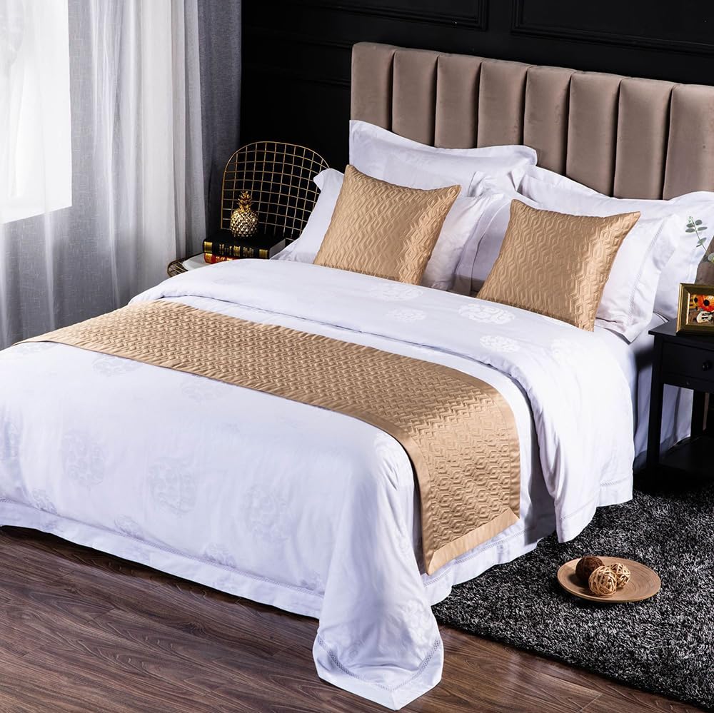 QRGMKL New Solid Color Bed Runners Soft Skin-friendly Bed Scarves High-precision Geometric jacquard Bedding Protector Bedspread for Home Bedroom Hotel-Gold B||240X50cm for 1.8m Bed