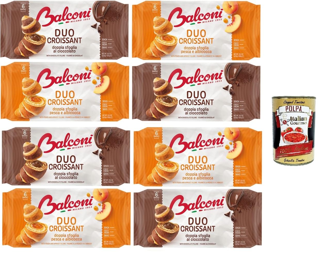 Balconi-Testpaket Croissant DUO Pesca/Albicocca e Cacao Doppelschichtiges Schokoladen-Croissant DUO Pfirsich/Aprikose und Kakao 8x300gr + Italian Gourmet polpa 400g