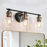 Vista 10 de Lámparas de tocador de baño, luces de tocador de oro negro con pantallas de vidrio sembrado, 2 luces, moderno, granja, baño, aplique de pared sobre