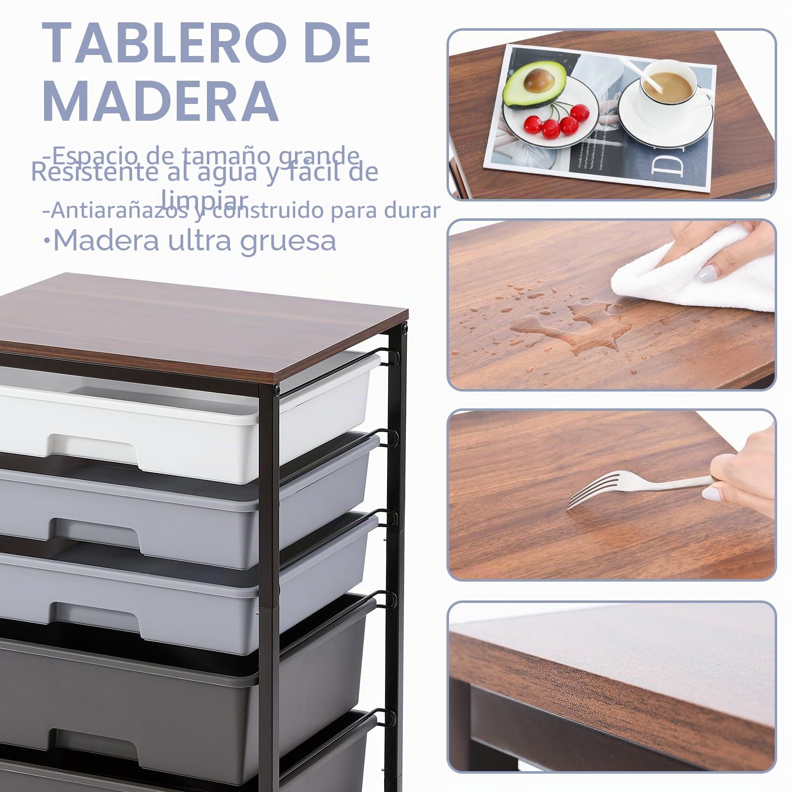 SYKIARIOL Carro de rodillos con 5 cajones para baño, carro de cocina con ruedas con tablero de madera, carro con ruedas para cocina, sala de estar, dormitorio, oficina, color gris