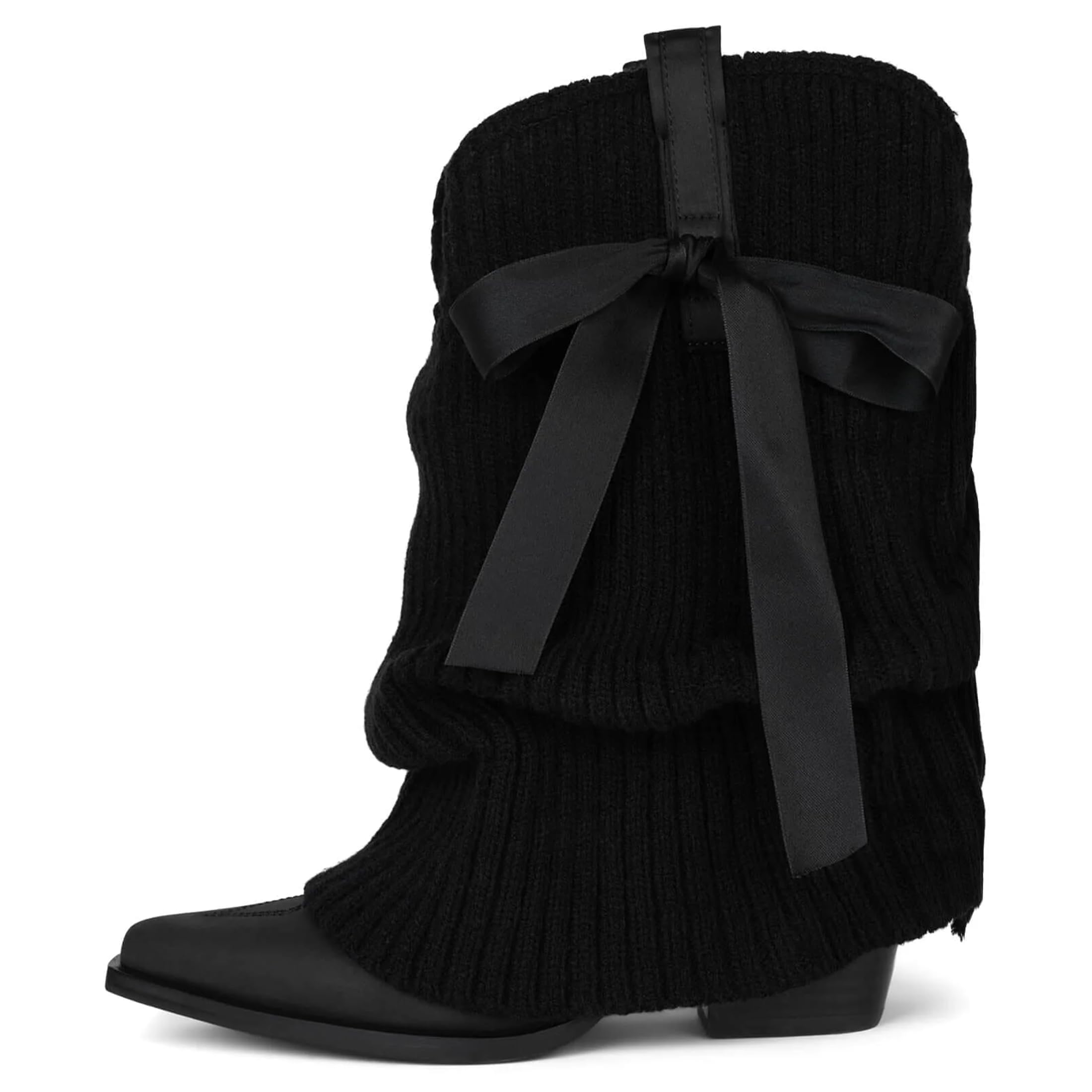Arqa Women's Bows Western Boots Knitted Fold Over Ballet Style Ankle Boots for Women Pointed Block Heel Embroidery Cowgirl Booties