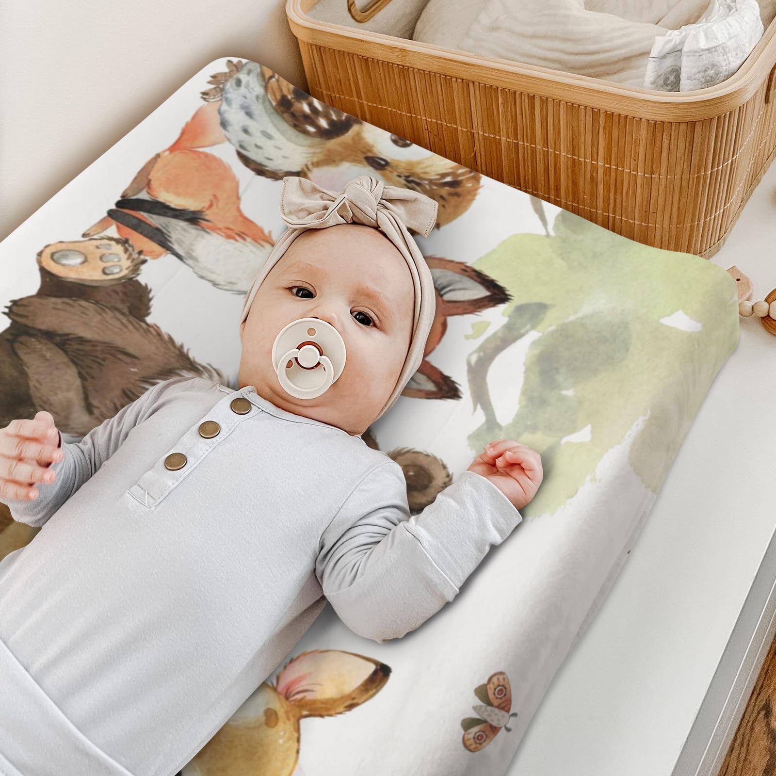 Funda para cambiador de pañales de animales para bebé, niña, niño, bosque natural, ciervo, oso, zorro, búho, cambiador, suave, elástico, seguro, cómodo, ajustable para cambiador, 32 pulgadas 4
