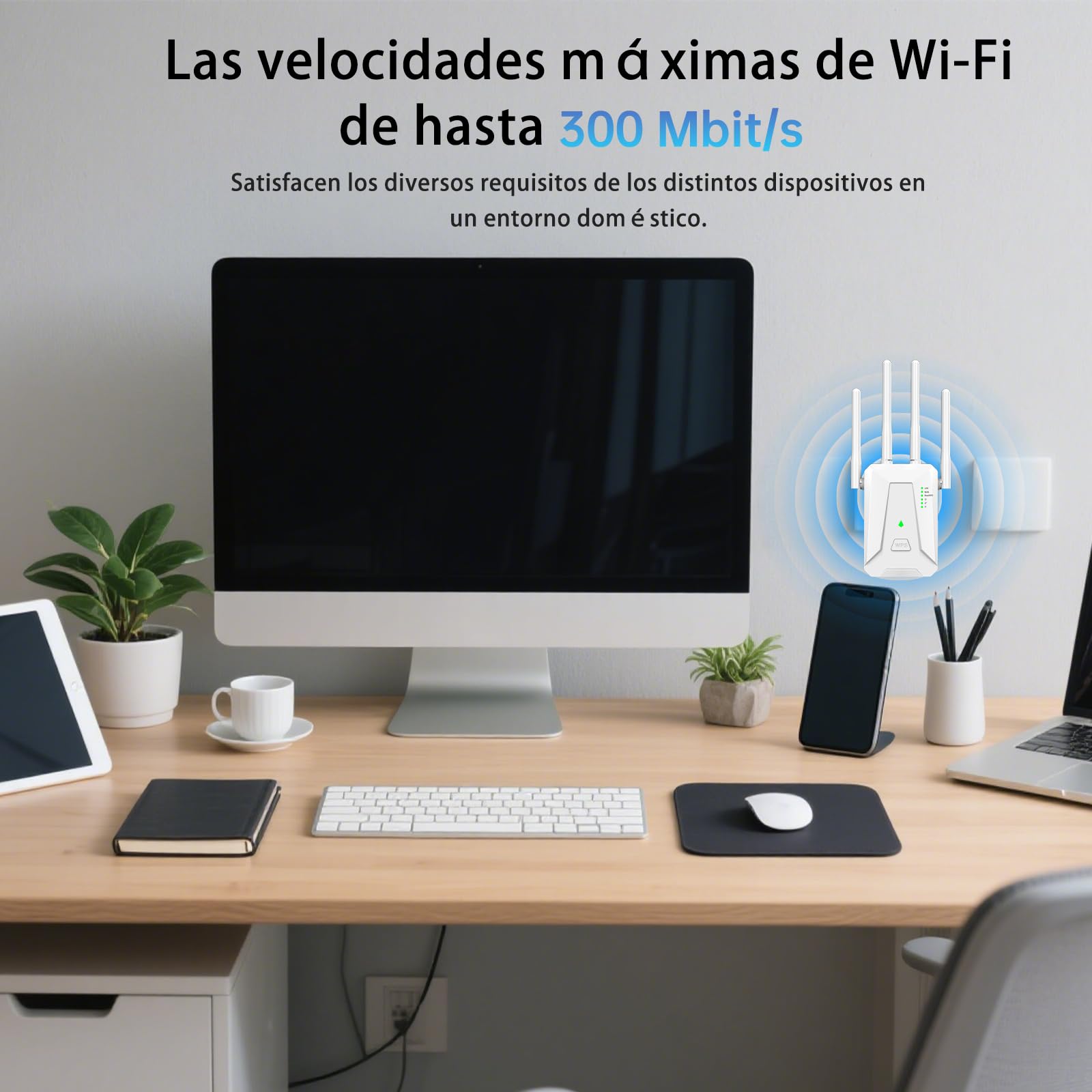 Repetidor WiFi Largo Alcance, Amplificador Señal WiFi 2.4 GHz con 4 Antenas, Extender con Puerto Ethernet 300 Mbps, Compatible con Todos los Routers, Botón Repetidor/Router/Ap (Blanco) - 5