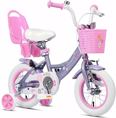 Glerc Maggie Girls Bike, 12-20 Inch Kids Bike for 2-13 Years Old Children, Princess Style Kids Bicycle with Doll-Seat & Basket & Training Wheels,