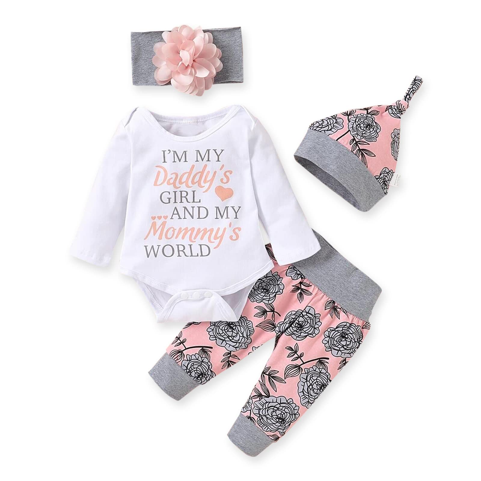 PATPAT Newborn Baby Girl Clothes 4Pcs Infant Outfits Girls Long Sleeve Letter Print Romper Floral Pants Headband Hat Clothes Set