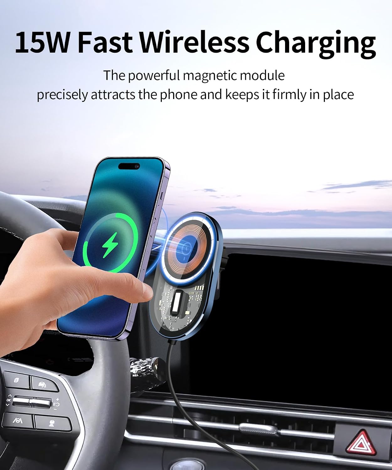 Wireless Charging Car Phone Holder for Hyundai Elantra/Hybrid 2021-2025 / Elantra N 2023-2025, 8/10.25" Screen Fixed Clip, 360° Rotation Car Phone Mount Compatible with MagSafe
