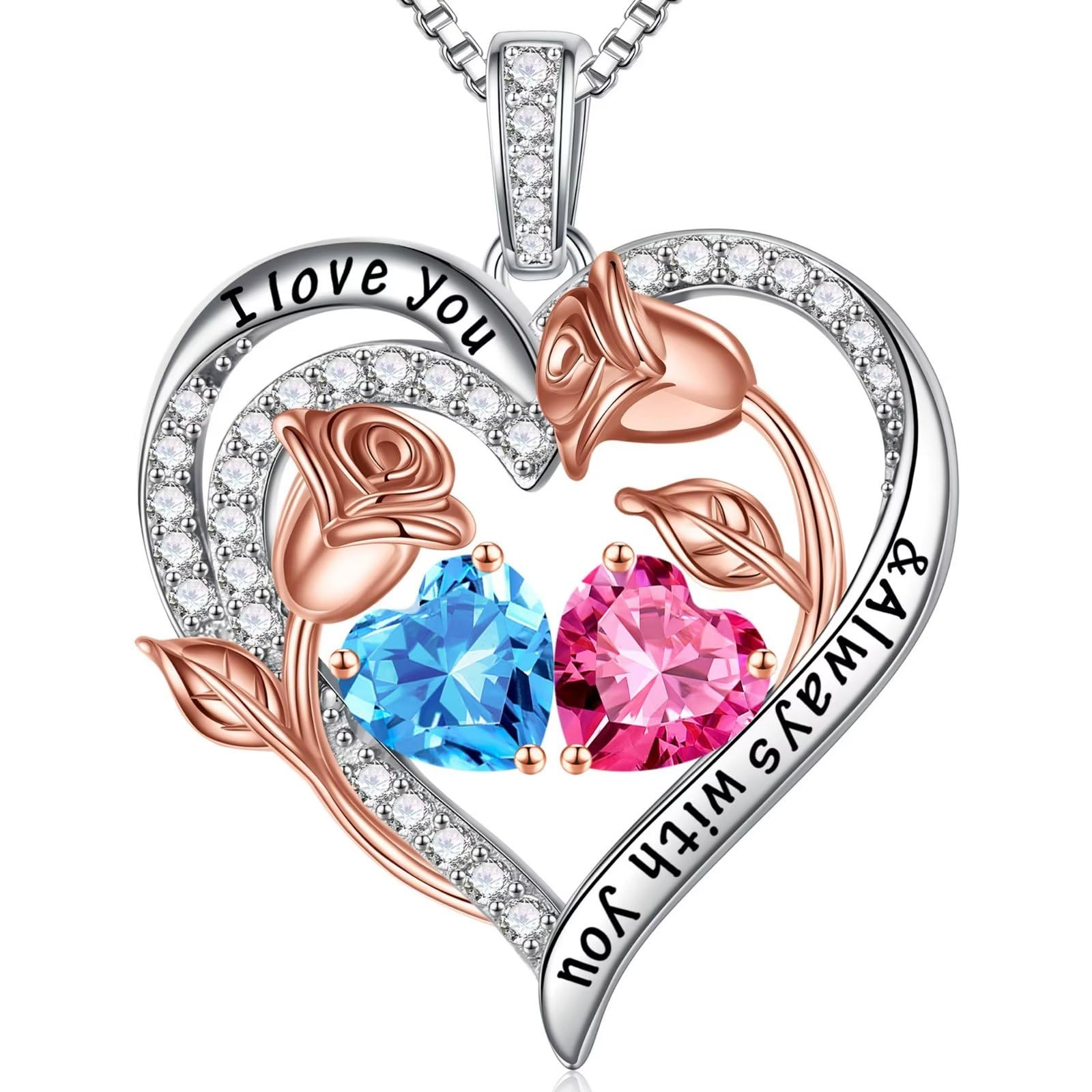 IefilBirthstone Necklace for Women - 925 Sterling Silver Rose Heart Birthstone Necklace Birthday Anniversary Jewelry Gifts for Her Wife Mom Daughter