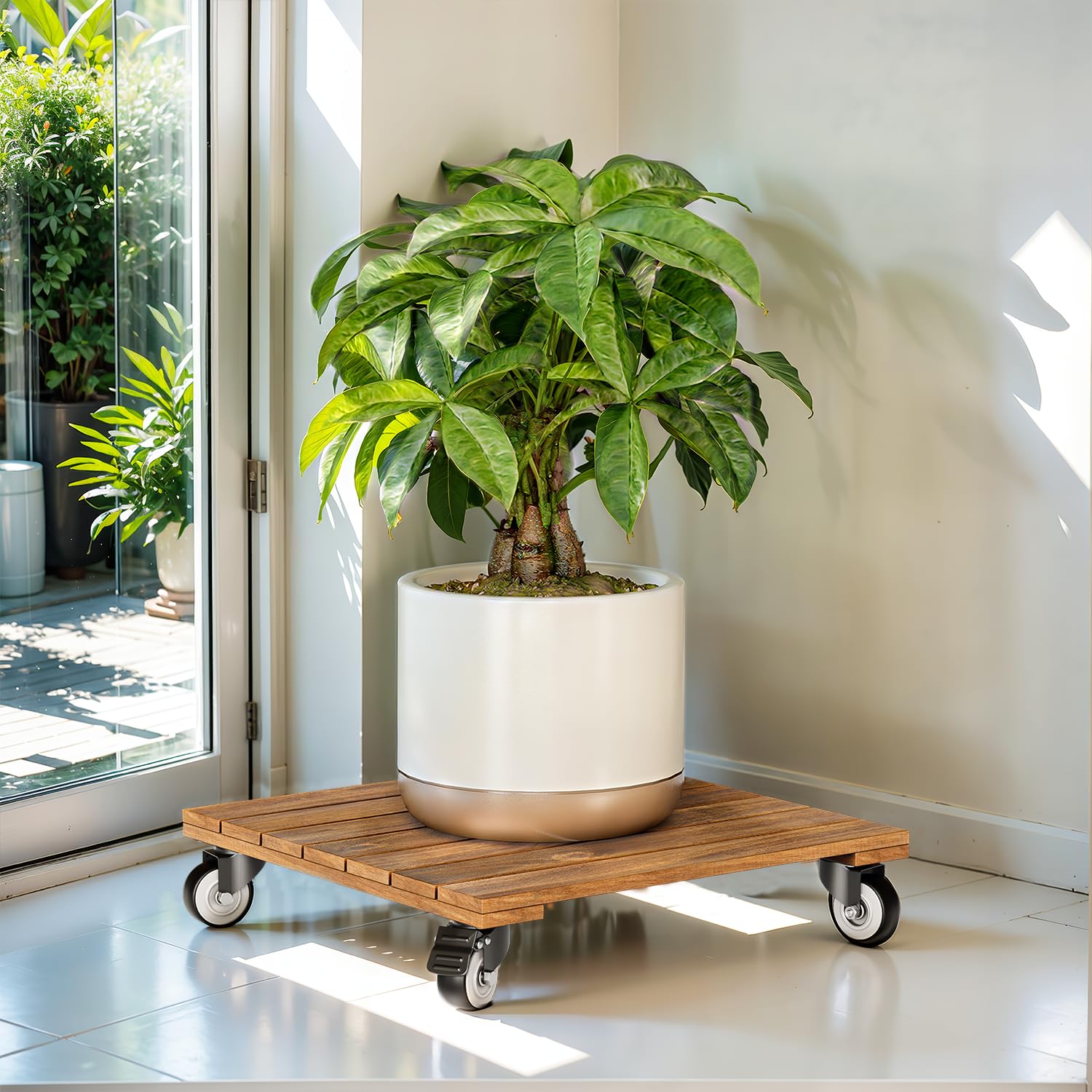 Idzo 2-Pack 12 Inch Acacia Wood Rolling Square Plant Caddy for Plant Pots, Heavy Duty Plant Stand with 360° Lockable Wheels, 264 lbs Capacity Caddy for Indoor and Outdoor Use, Natural Wood