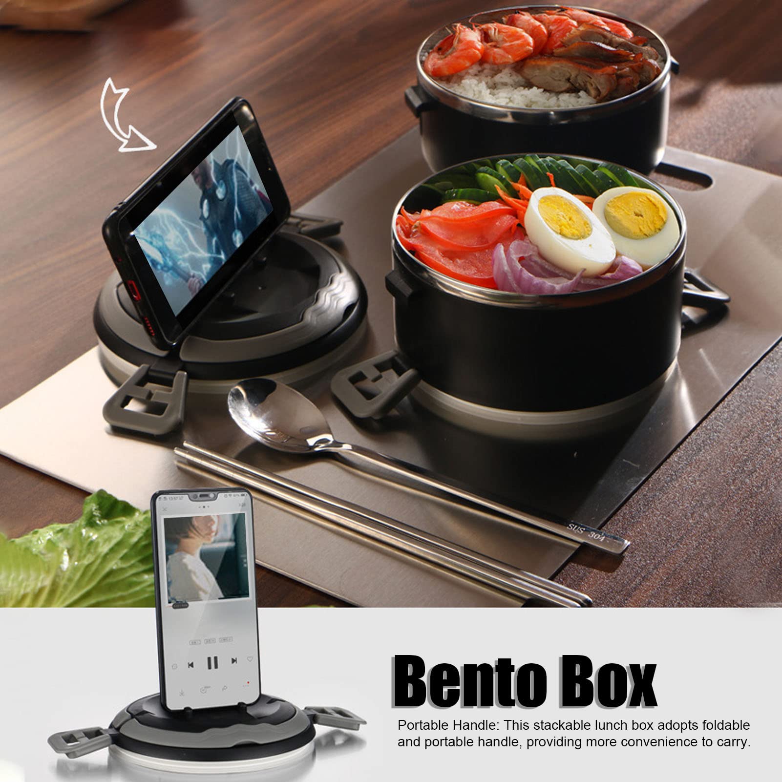 Contenitori per alimenti termici Bento Box per adulti impilabili in acciaio inossidabile per picnic in campeggio scolastico(Nero)