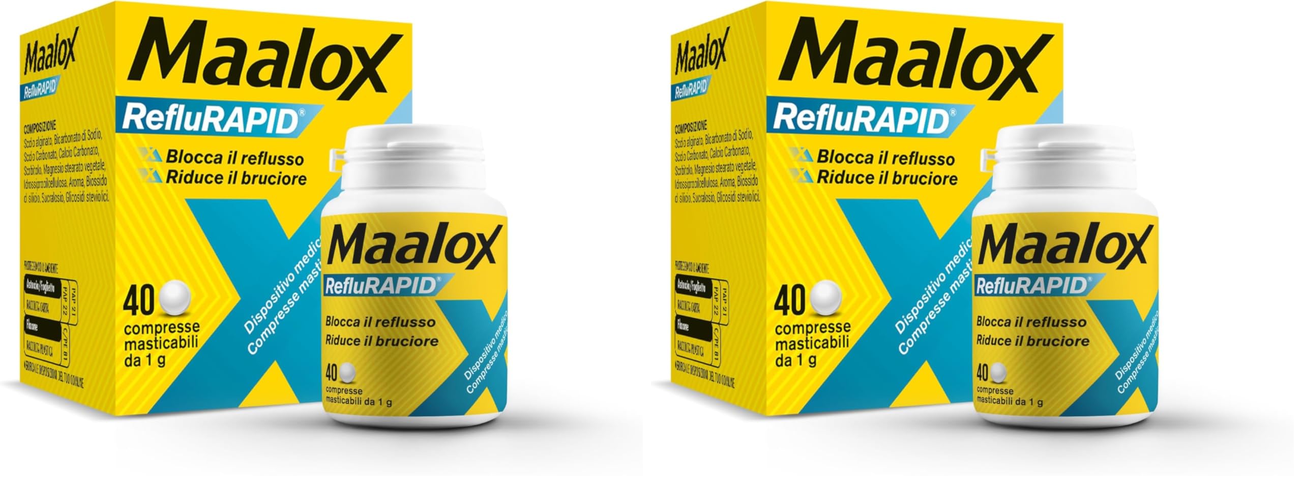 Maalox Reflurapid Blocca il Reflusso Gastroesofageo, Riduce Bruciore e Acidità di Stomaco, anche in Gravidanza - con Bicarbonato di Sodio, Senza Glutine, Senza Lattosio (40 Compresse Gusto Menta)