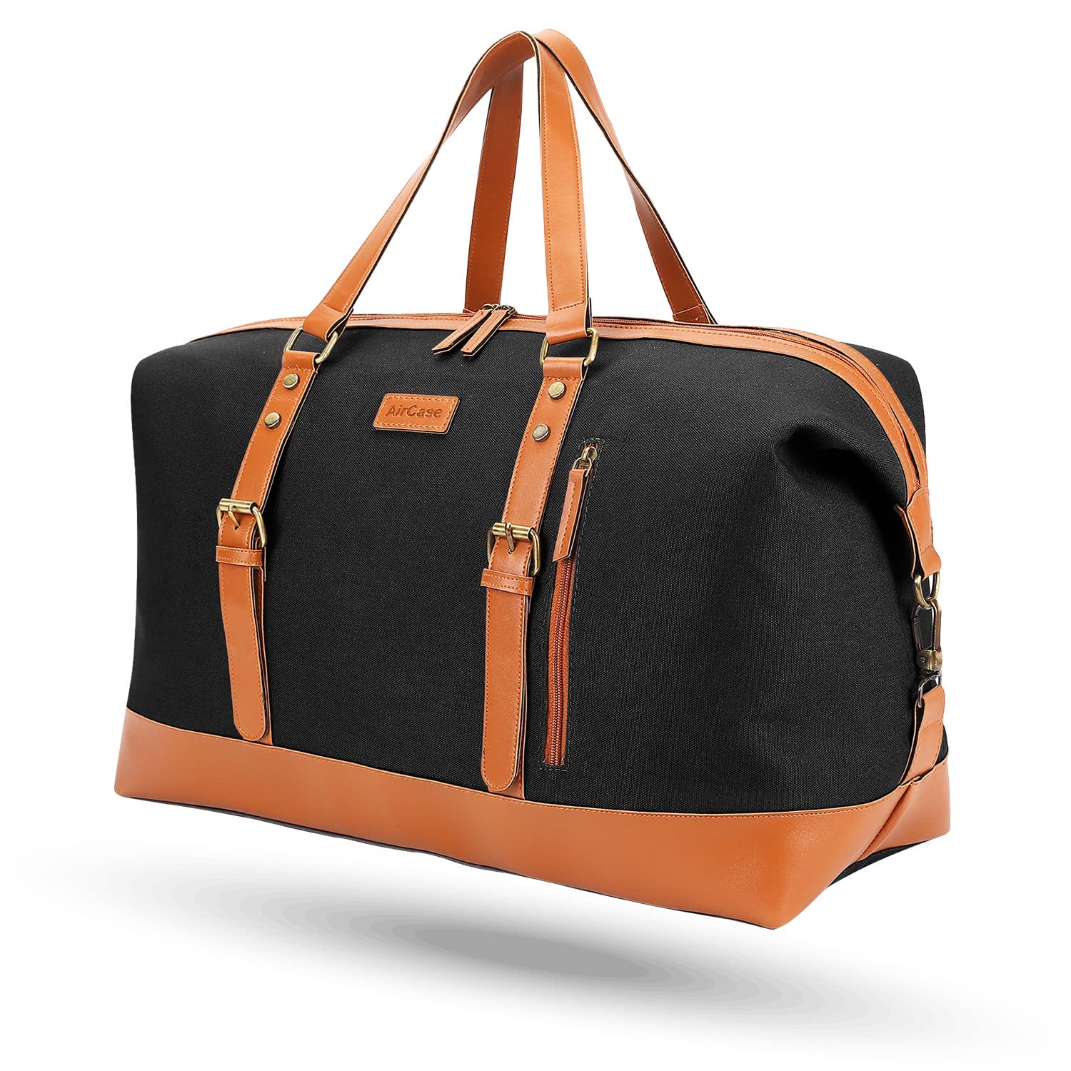 AirCaseCanvas Designer Sling Duffle Bag with PU Leather, Detachable Shoulder Strap, Easy to Clean & Durable Cabin Luggage Hand Bag for Travel/Gym/Business, for Men & Women, Black