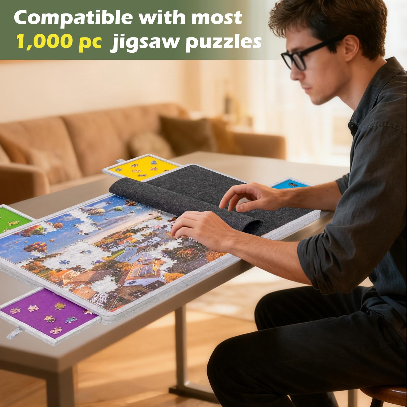 Tapis Puzzle 1000 Pieces Table Puzzle Inclinable Plateau Puzzle Table De Puzzle Tapis Puzzle avec Tiroir Table à Puzzle Ultra-LéGèRe en Feutre