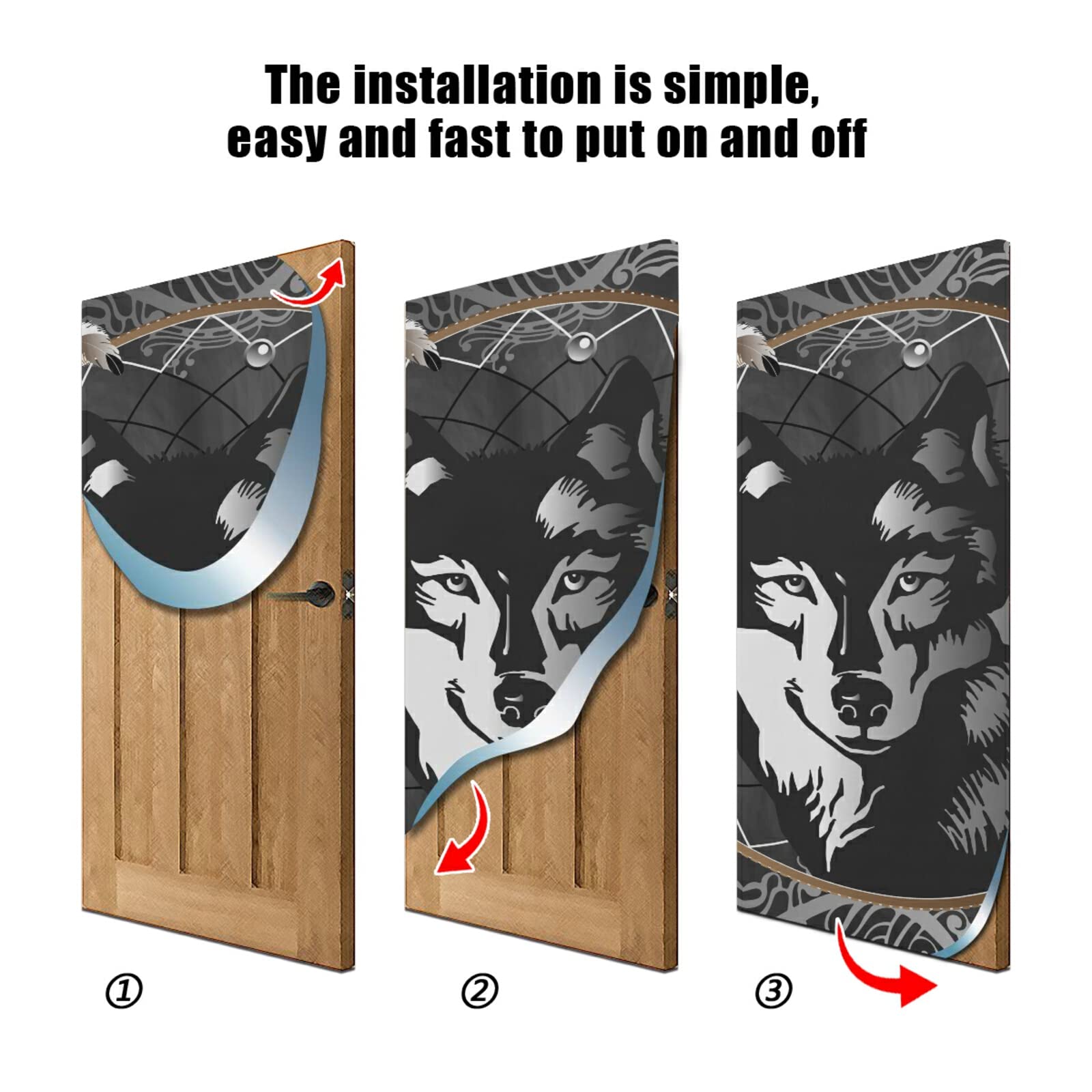 Poeticcity Black White Wolf in Dream Catcher on Dark Grey Background Door Cover, Washable Fabric Durable Door Decoration Silk Microfiber for Front Door Porch Home Indoor Outdoor Party 35x79 inches