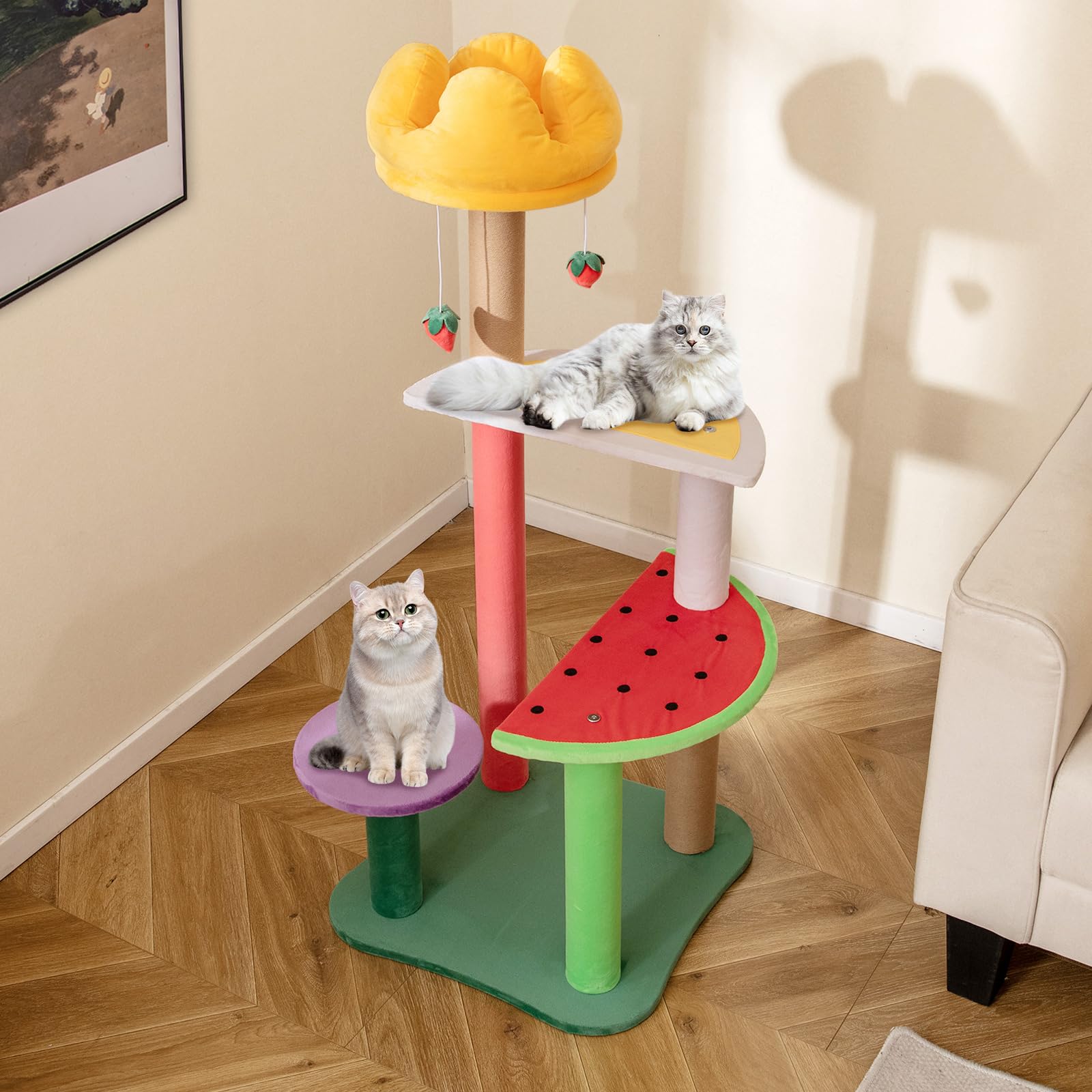 PETSITE 45 Inch Cute Cat Tree, Multi-Level Cat Tower with Scratching Posts, Plush Padded Top Perch, Fruit-Shaped Platforms, and Strawberry Dangling Balls, Fruit Cat Tree Tower for Indoor Cats