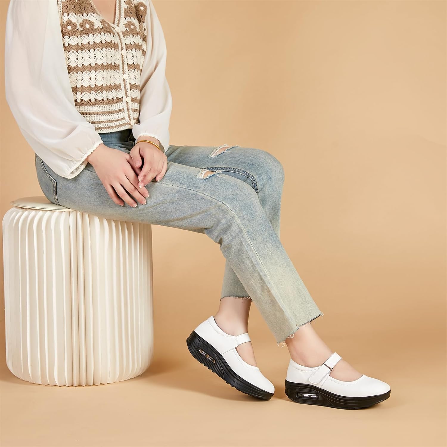 EnllerviiD Women Mary Jane Shoes Buckle Air-Cushion Casual Chunky Heel Round Toe Uniform Dress Platform Wedge Shoes Comfort Pumps Walking Shoes - Image 2