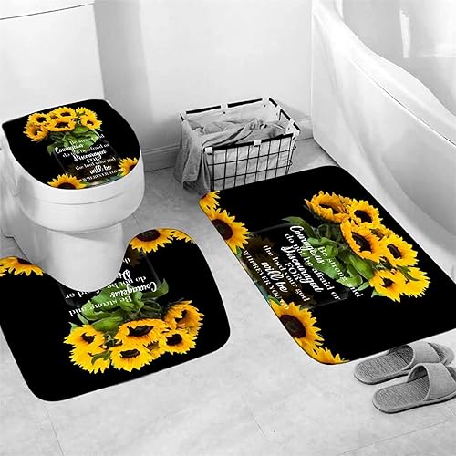 Miniatura 3 de AZHM Juego de 4 cortinas de ducha con alfombras de girasol, decoración de baño, citas inspiradoras, cortinas de baño con alfombras y accesorios
