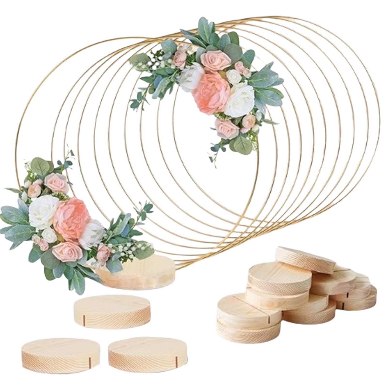Yhplxyuus Practical Gold Metal Wedding Hoop with Wood Stands for Table Centerpieces Wall Hangings and Flower Displays Rack Table Decoration Set