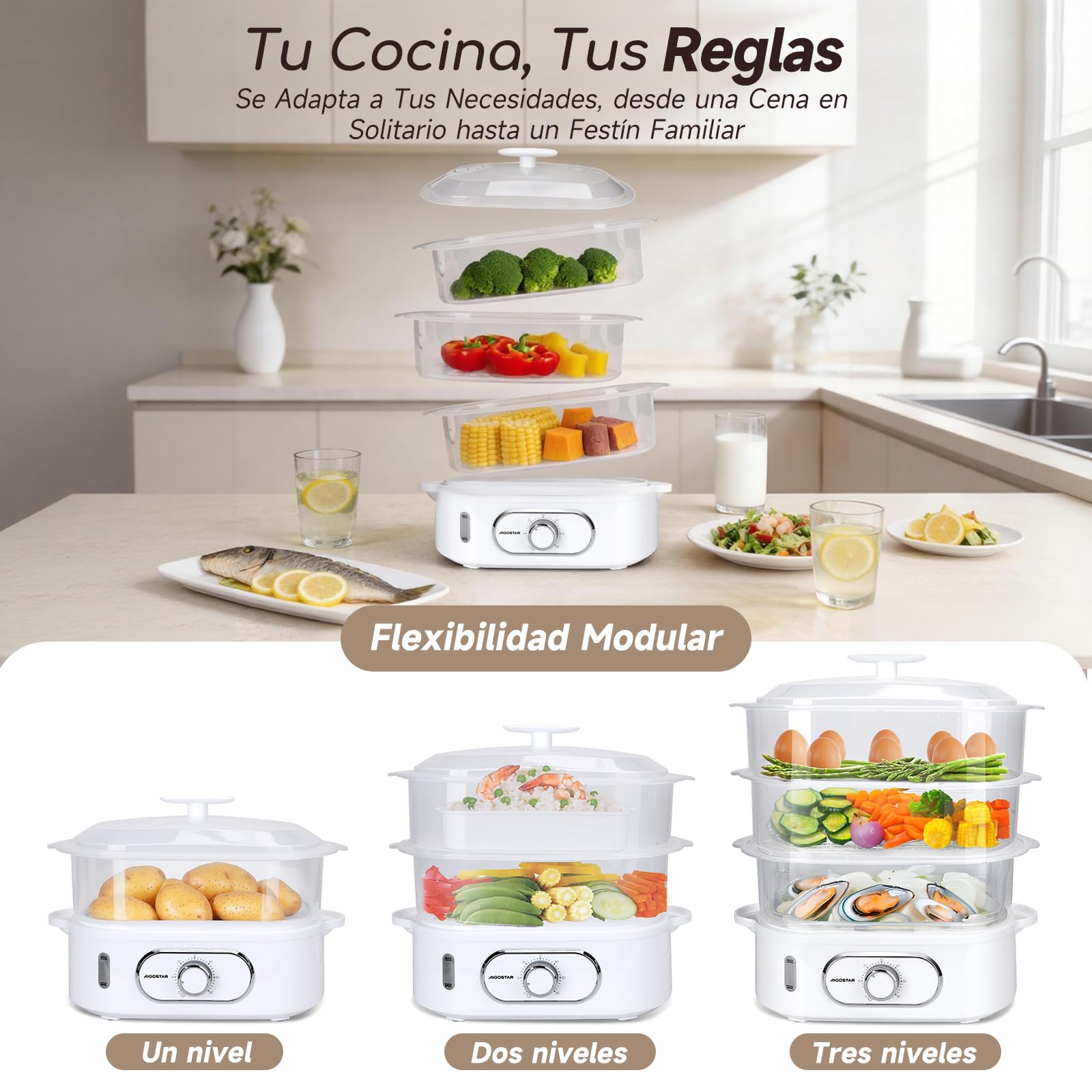 Aigostar Vaporera Eléctrica 12L, 3 Recipientes Apilables Independientes, Cuenco para Arroz, Soporte para Huevos, Temporizador 60 Minutos, Base Antideslizante, Sin BPA, 900W, Blanco