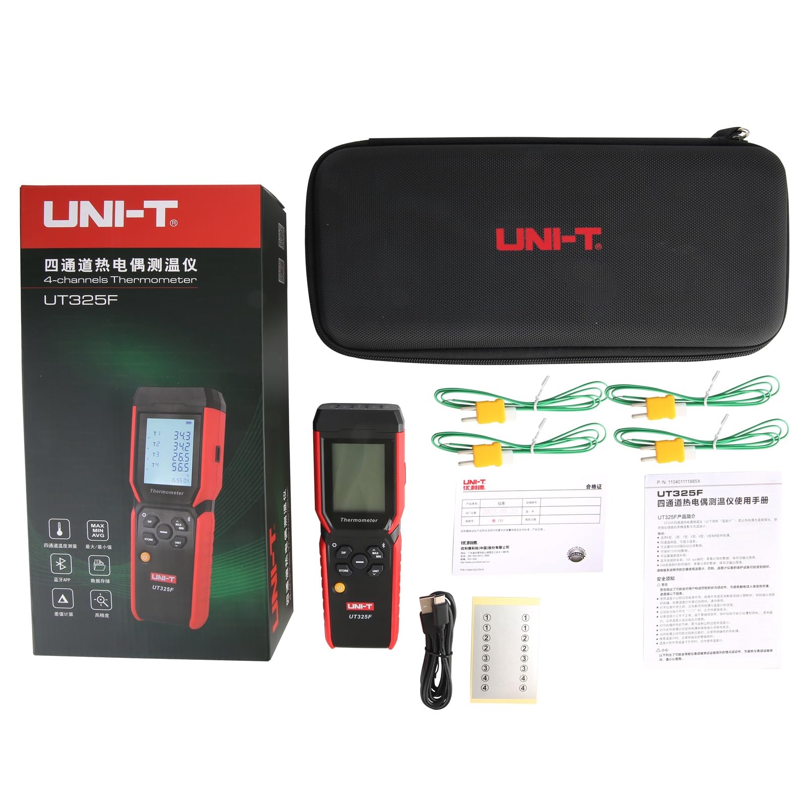 UNI-T UT325F Termometro Digitale 4 Canali Registratore di Temperatura J/T/E/R/S/N/K Tipo Termocoppia Misuratore di Temperatura Alta Precisione Bluetooth