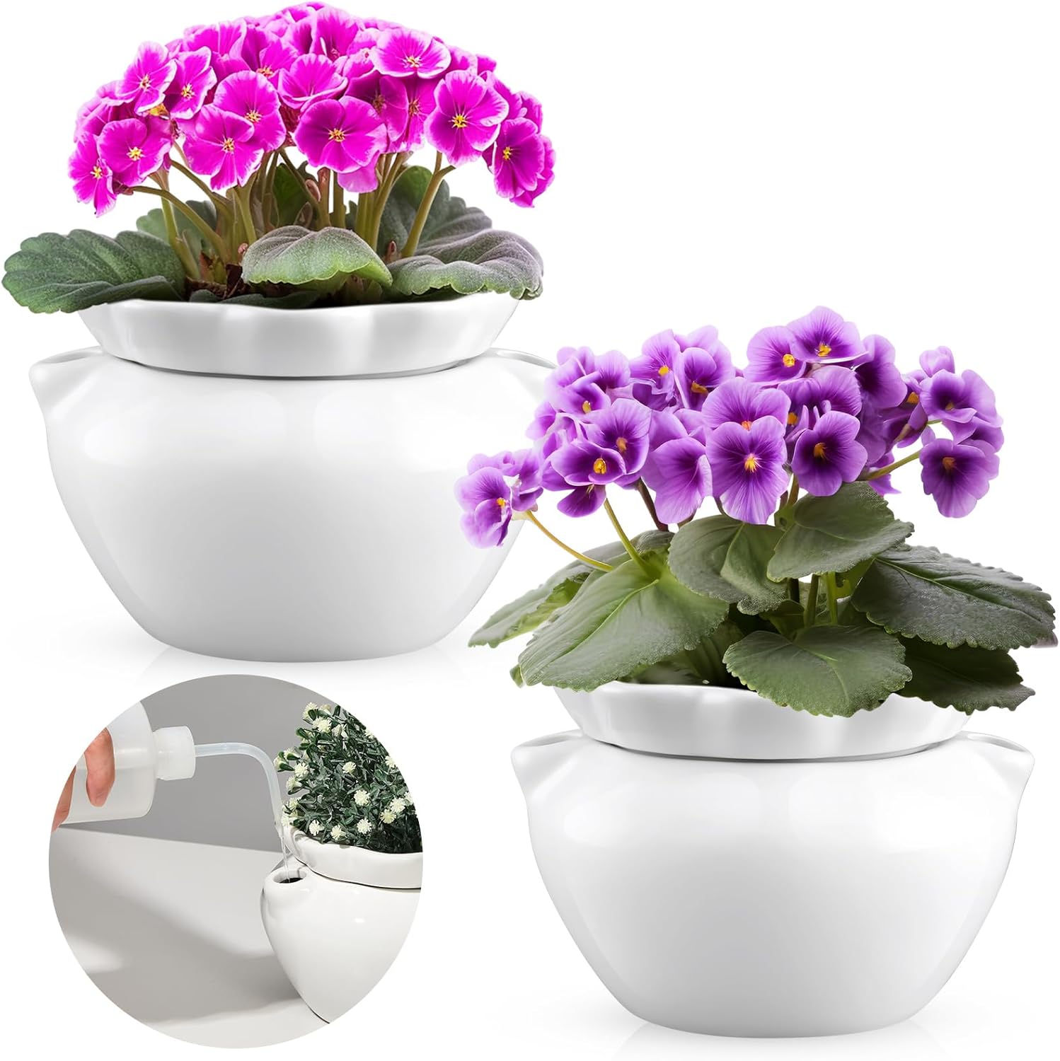 2 Set 7.5 Inches African Violet Pots Self Watering White Ceramic Pot for Indoor Plants, Flowerpot with Highly Absorbent Inner Pot for Busy Plant Lovers, Plant Care 2 7.5 Inch
