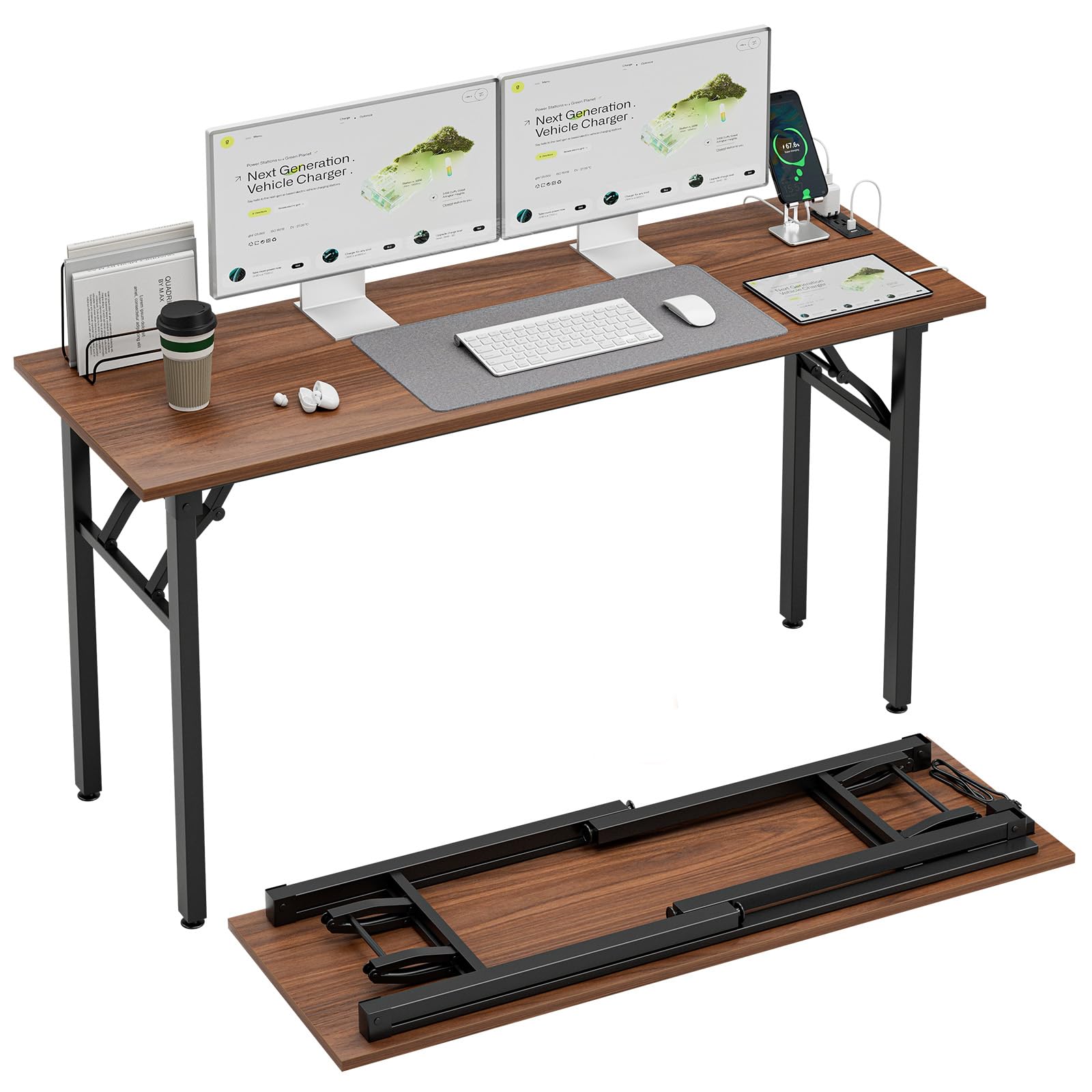 temi long computer desk folding table - no assembly, compact 55.1" foldable desk with power outlets & usb charging port, portable lagre office desk, ideal large study table for narrow spaces, walunt