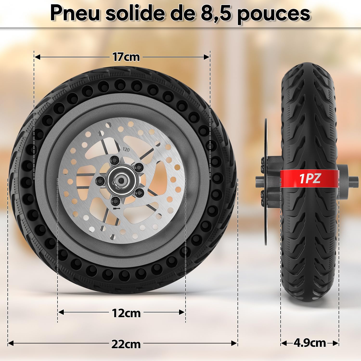 1PZ FMR-PR2 Kit de Roue Solide 8,5 Pouces remplacement pour Xiaomi Pro/Pro 2 | Disque de Frein 120mm inclus | avec Pneu Plein Anticrevaison et Moyeu| Compatible Roue Avant/Arrière