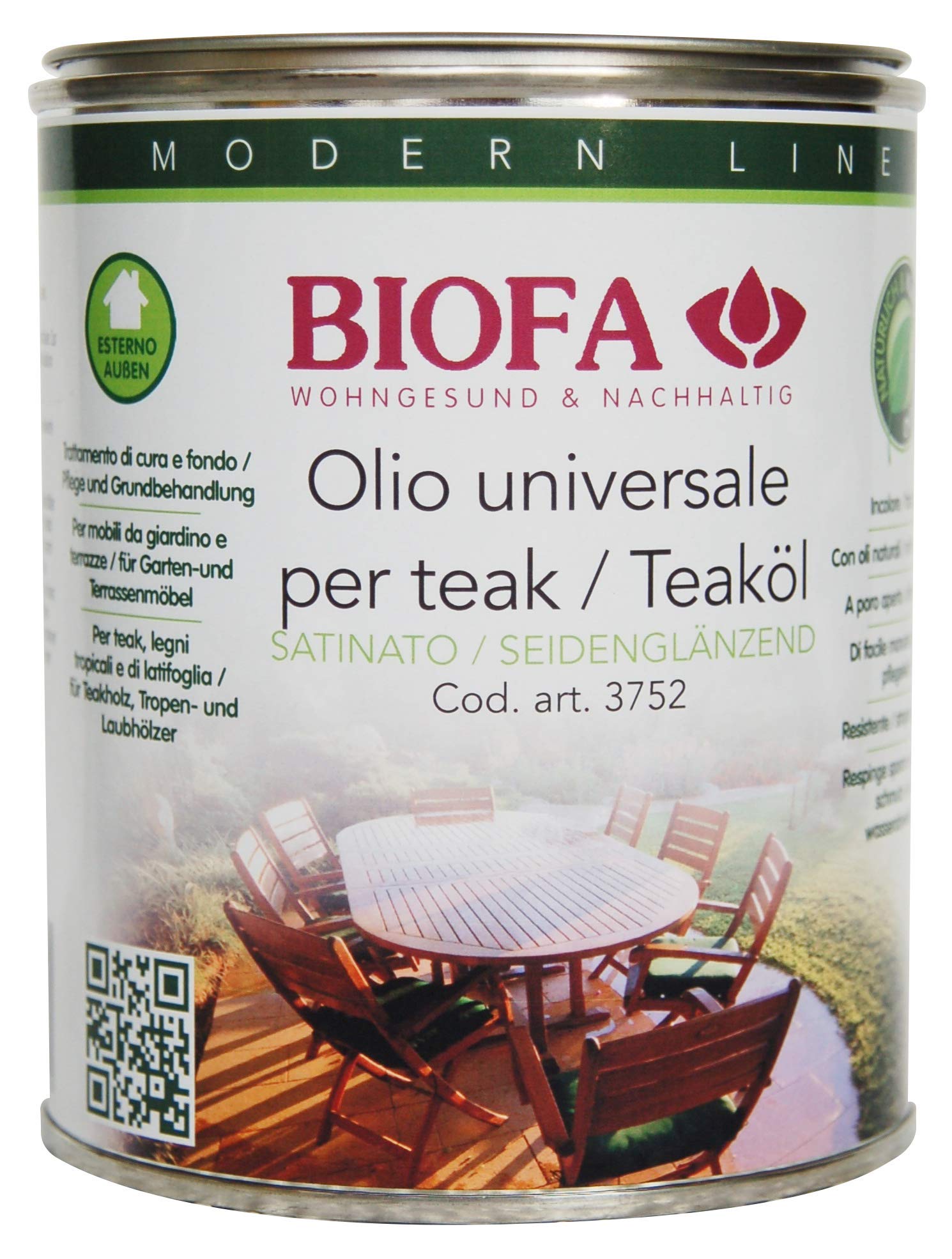 BIOFA 3752 Olio naturale universale per l' arredo in legno esterno incolore 1 lt