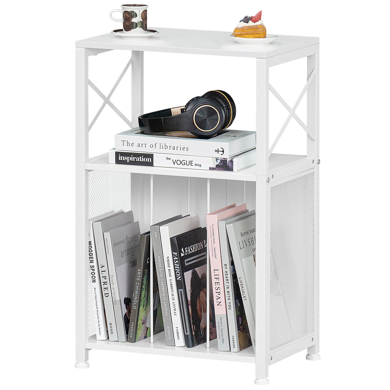 LELELINKY 3 Tier Side Table, End Table with Display Shelf, Vinyl Record Player Table with Album Storage, Small White Modern Bedside Tables Nightstand for Living Room Bedroom Small Spaces