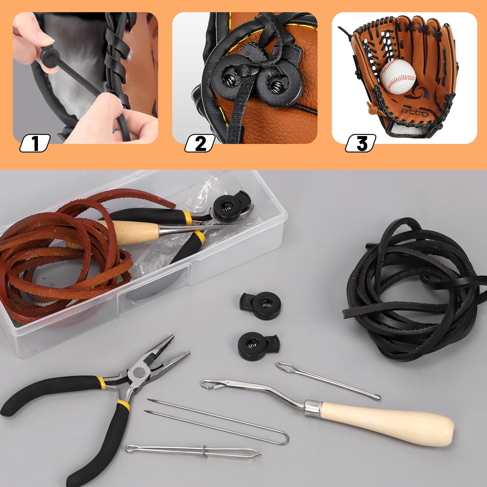 Tanstic Kit d'entretien de gants de baseball, gants de baseball, gants de baseball, 13 pièces, comprend des bandes en cuir, un enfile-cordon de serrage en dentelle pour gants de baseball, des serrures