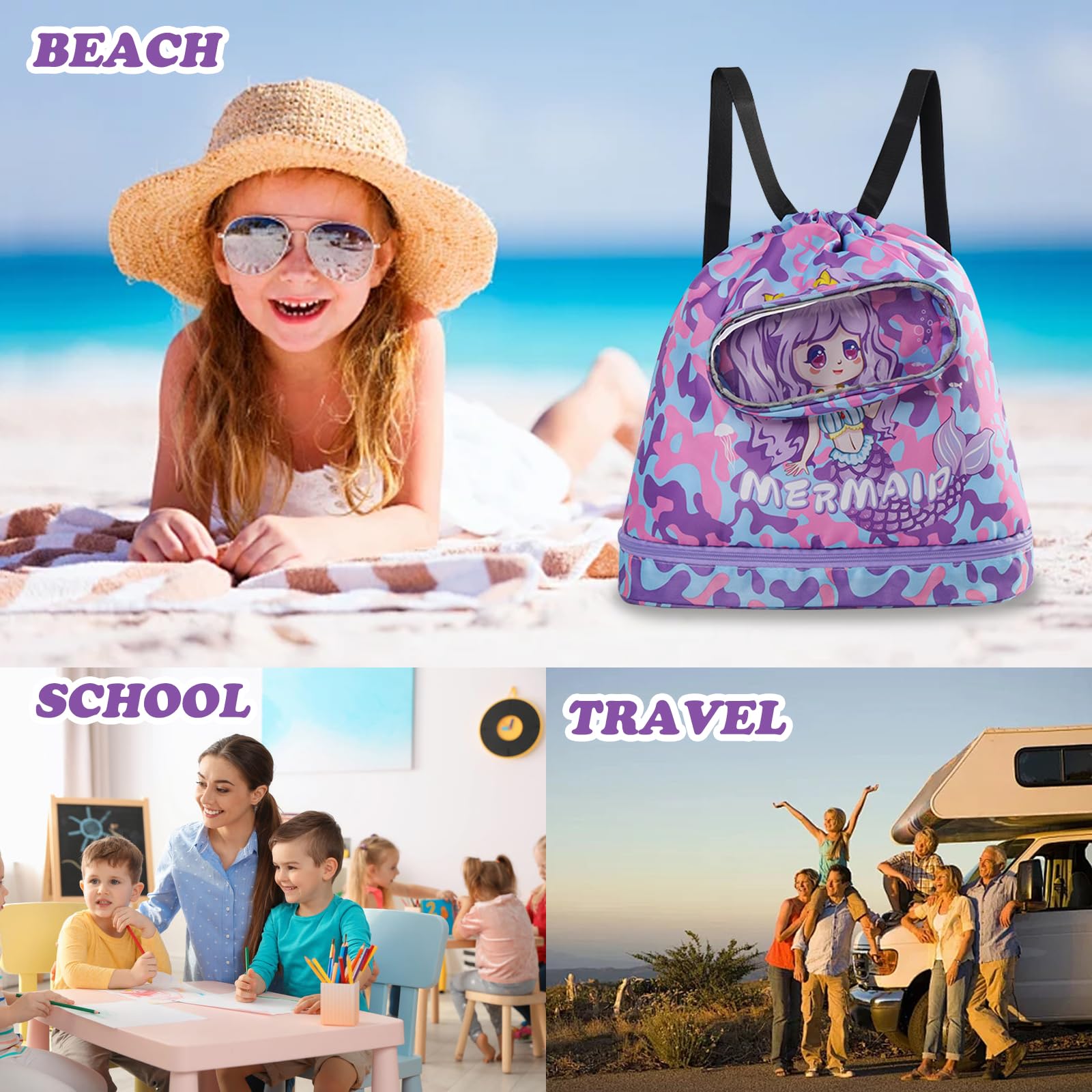 Sacca Sportiva Coulisse per Bambini, Sacca Zaino Sportivo Impermeabile, Borse a Zainetto Umidi e Asciutti Backpack per Ragazzo e Bambina Borsa per Viaggio Piscina Spiaggia e Scuola