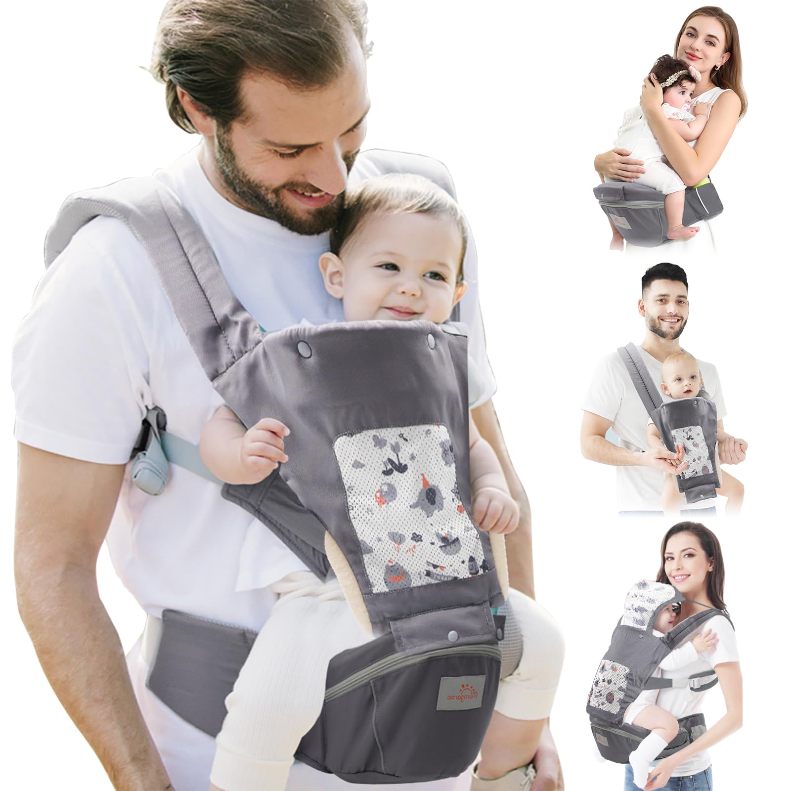 Baby Carrier with Hip Seat, 6 in 1 Baby Carrier Newborn to Toddler, Adjustable Infant Carrier with Hood, All Seasons & All Position Baby Holder Carrier for 0-36 Months