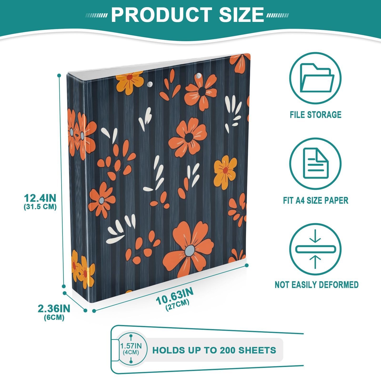 Raccoglitore ad anelli con 3 anelli, 3,8 cm, motivo fiori arancioni, con clip in metallo, formato A4, organizer per casa e ufficio, confezione da 2