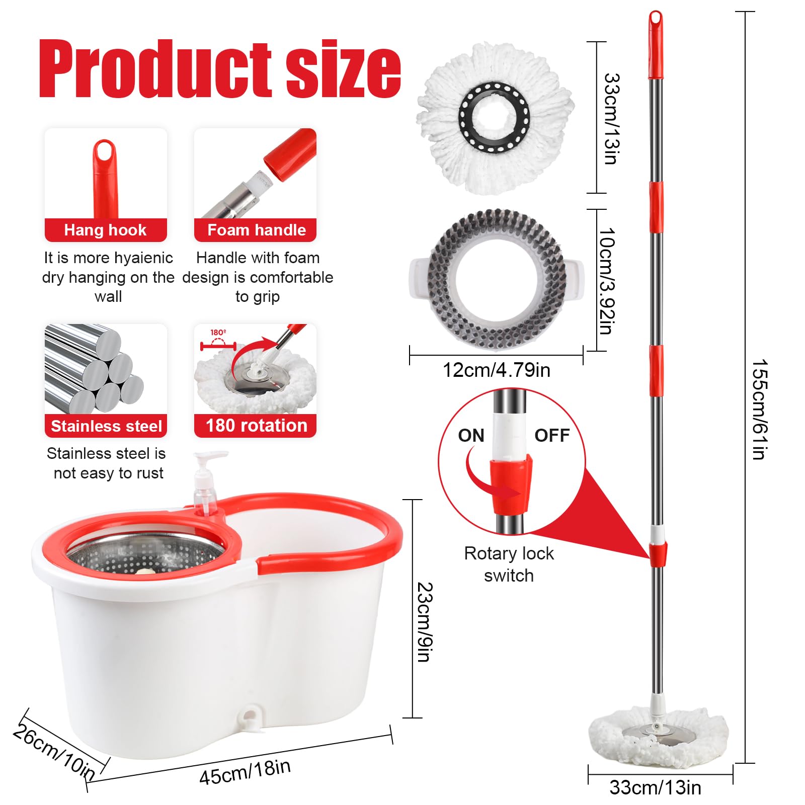 Trapeador giratorio y cubo con juego de escurridor, sistema de cubo giratorio de 360° con 6 cabezales de repuesto de fregona de microfibra y mango ajustable de acero inoxidable de 61 pulgadas para