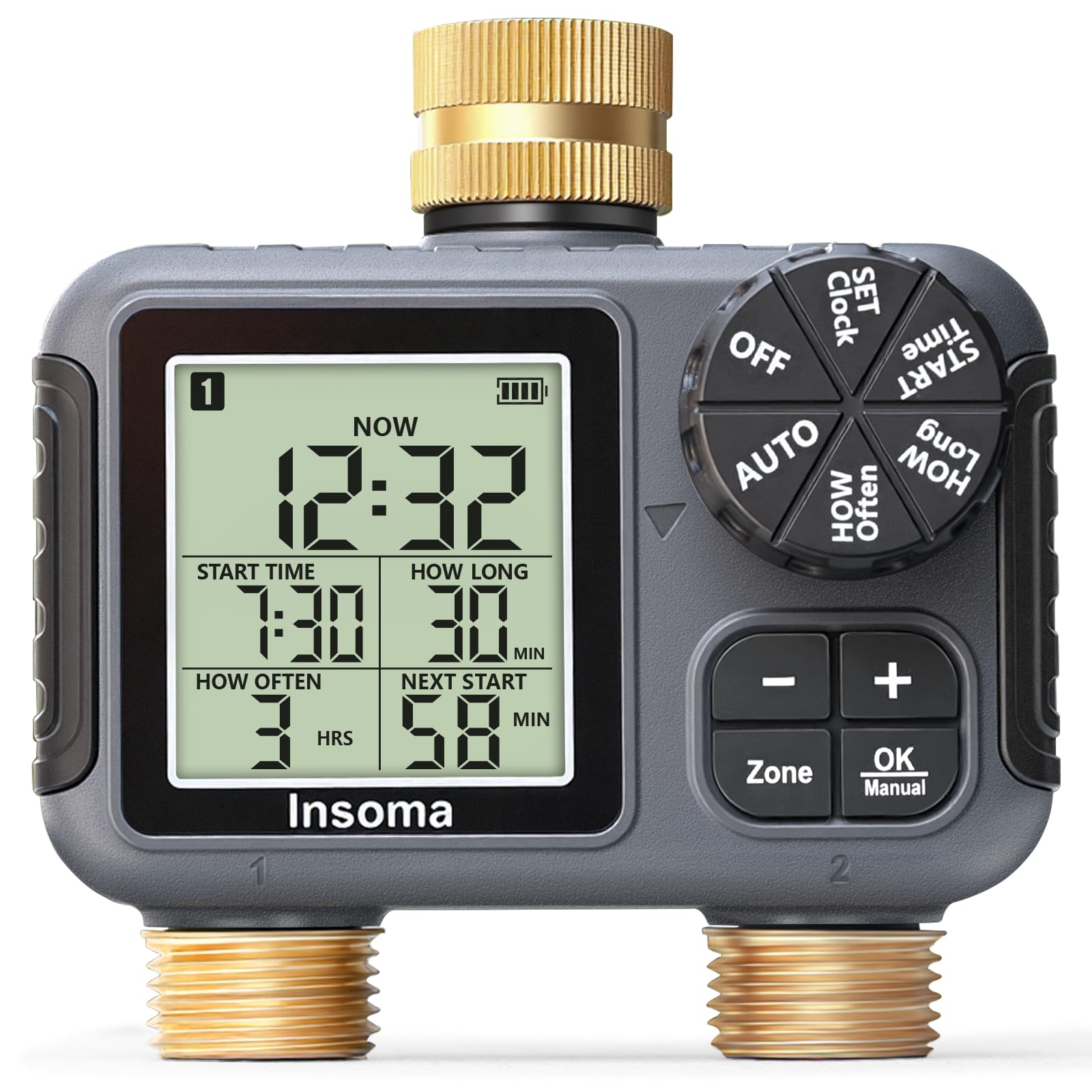 Insoma 2-Zone Sprinkler Timer Brass Inlet/Outlet, Water Hose Timer with Auto/Manual Modes + Rain Delay | Big LCD Dispay | Hose Timers for Garden, Yard Lawn, IPX5 Waterproof & Save Water
