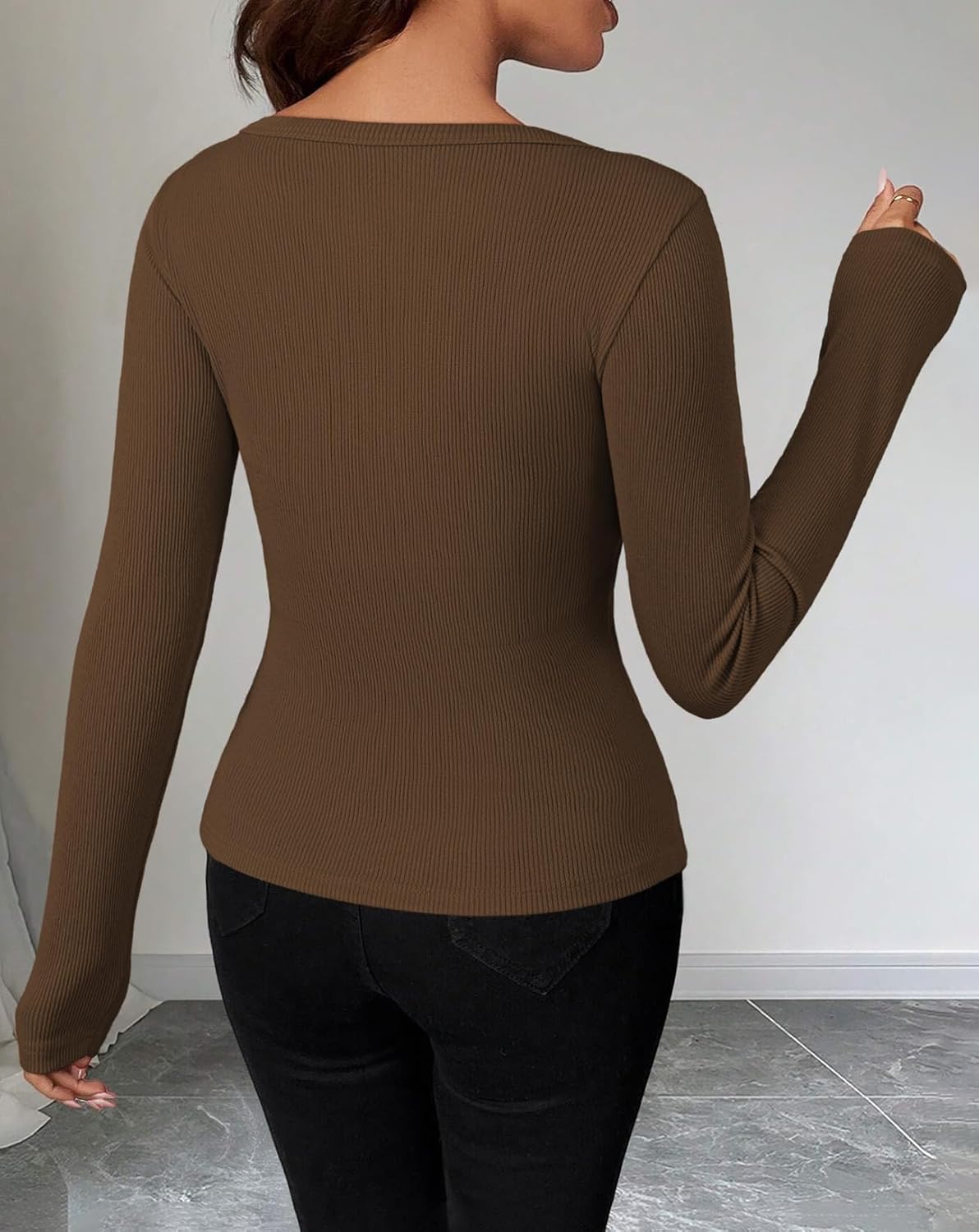 Pink Queen Sexy Tops for Women Fall Clothes Long Sleeve Cutout Keyhole Neck Top Ribbed Knit Shirts - Image 5